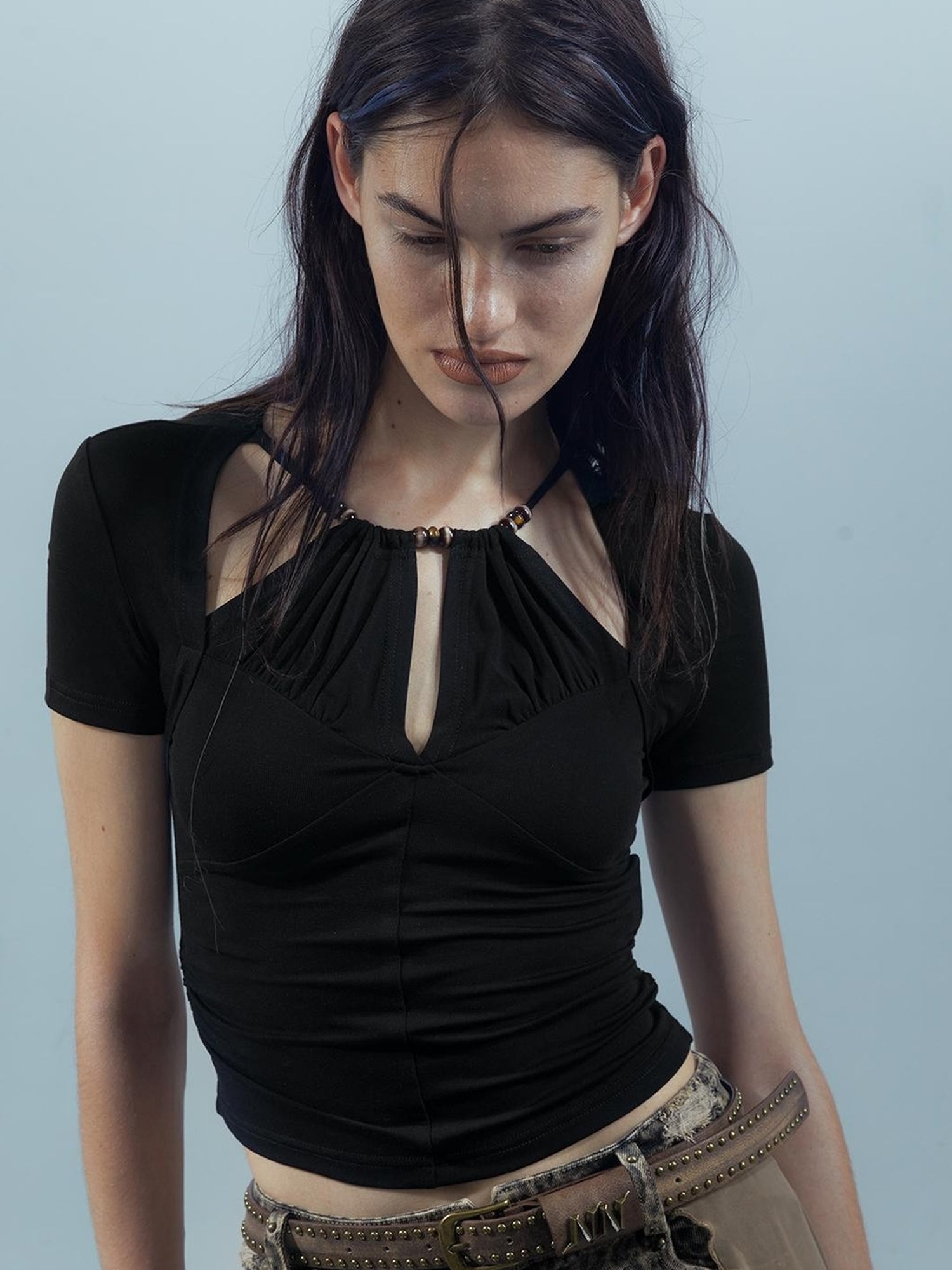UpdateNN NORTH NODE Blooming Pleats Beaded Mock Neck Modal Tee