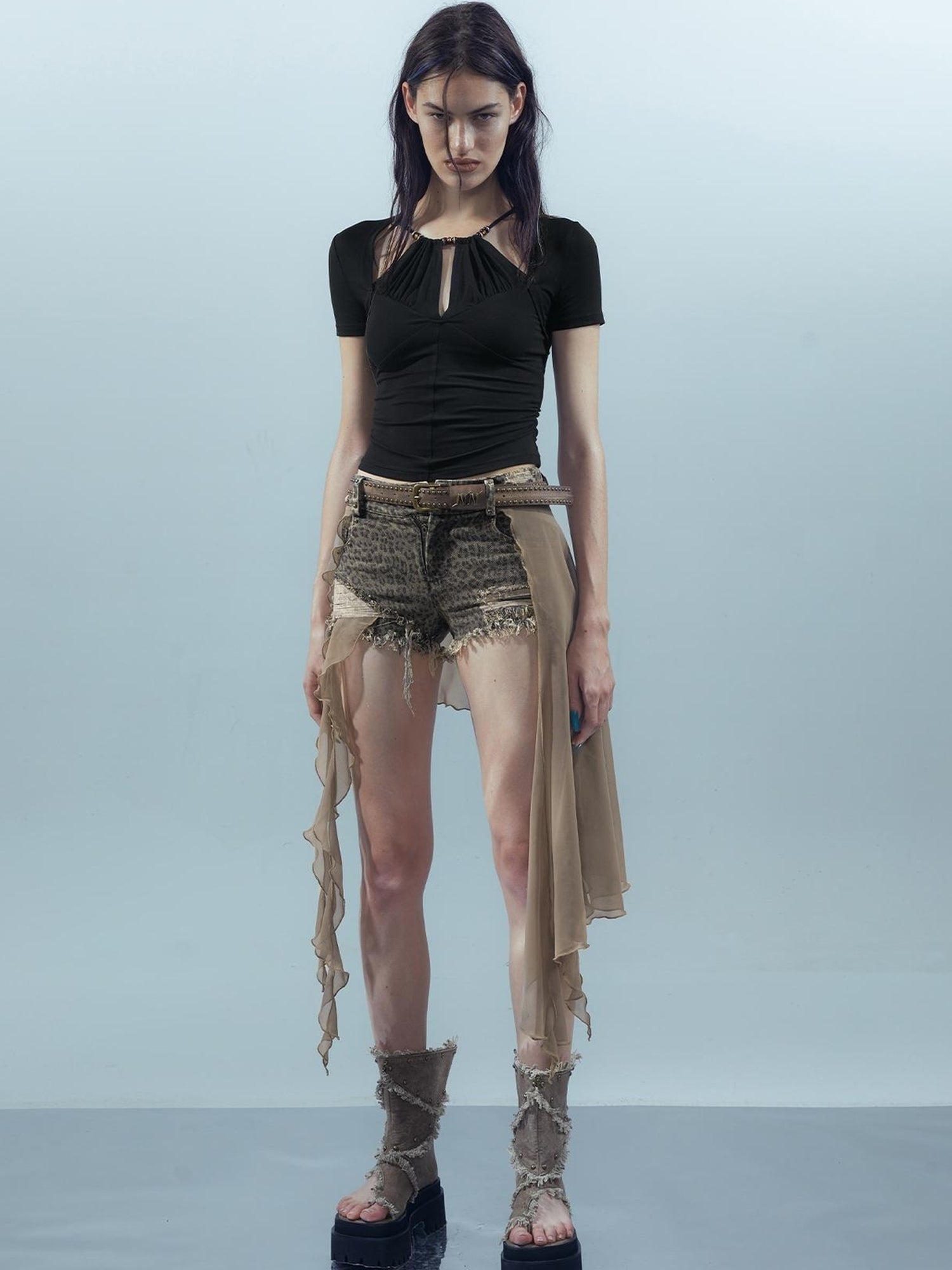 UpdateNN NORTH NODE Blooming Pleats Beaded Mock Neck Modal Tee
