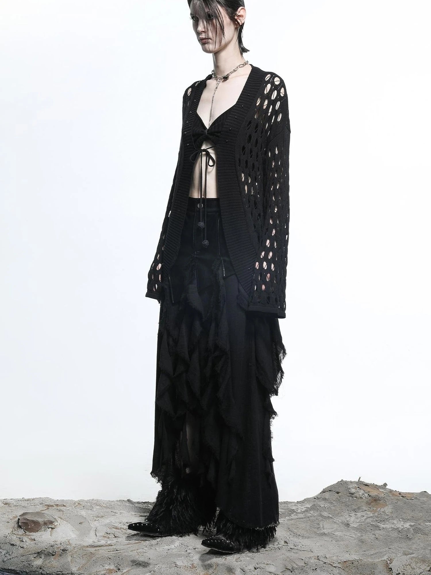 Celestial Mesh Knit Cardigan With Lotus Edge