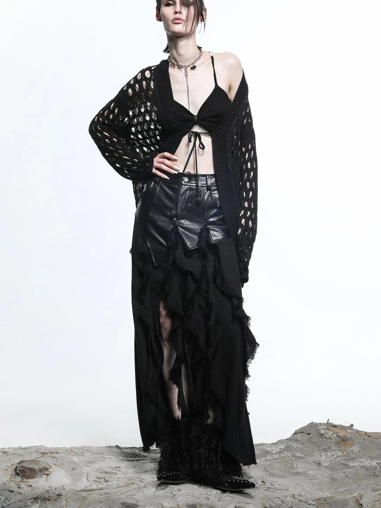 Celestial Mesh Knit Cardigan With Lotus Edge