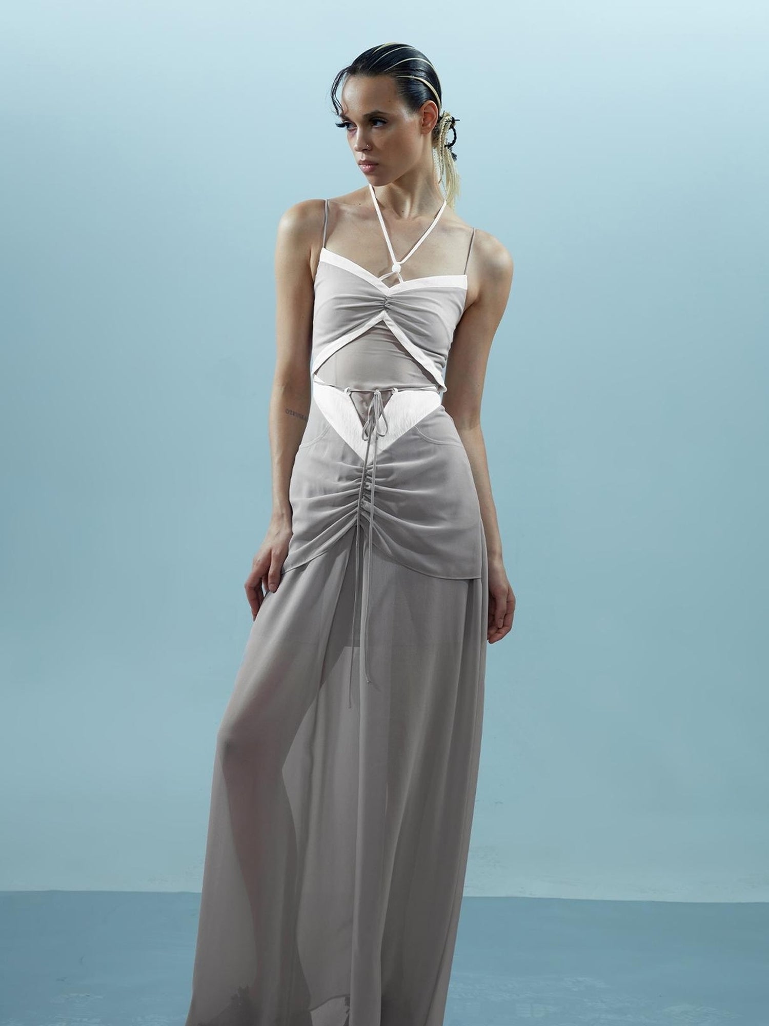 NN NORTH NODE Chiffon Gather Beaded Strap V-neck Dress