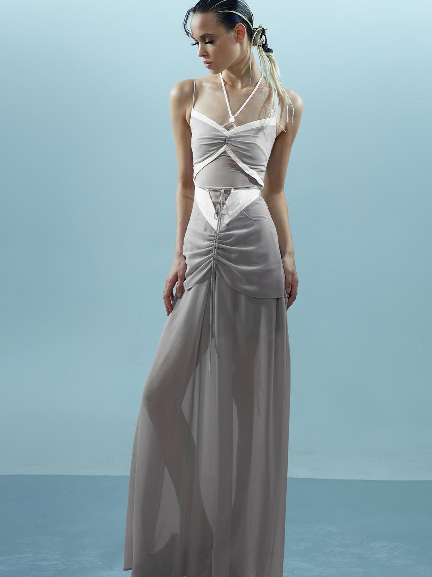 NN NORTH NODE Chiffon Gather Beaded Strap V-neck Dress