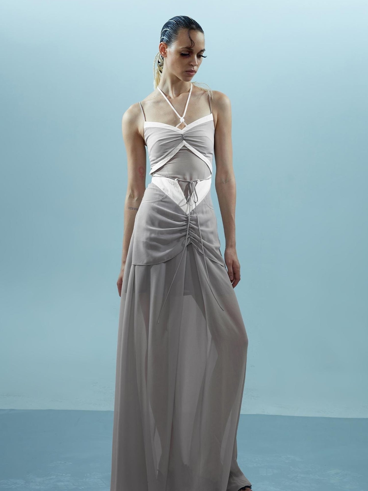 NN NORTH NODE Chiffon Gather Beaded Strap V-neck Dress