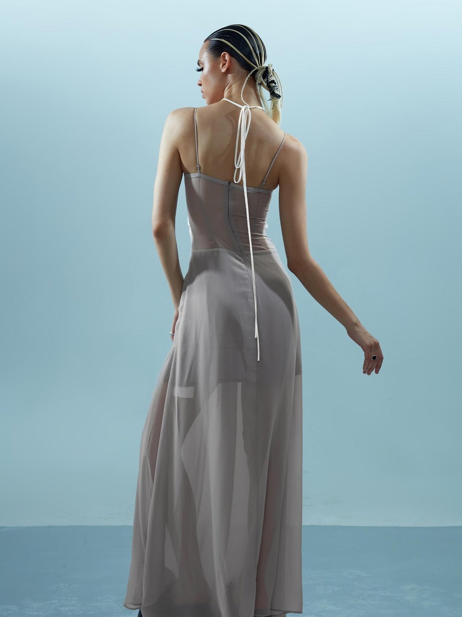 NN NORTH NODE Chiffon Gather Beaded Strap V-neck Dress