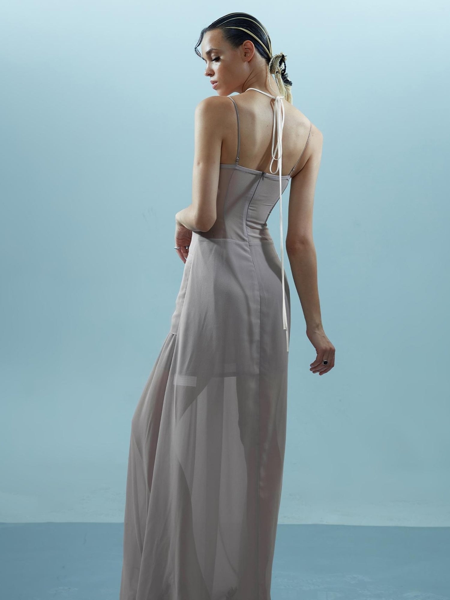 NN NORTH NODE Chiffon Gather Beaded Strap V-neck Dress