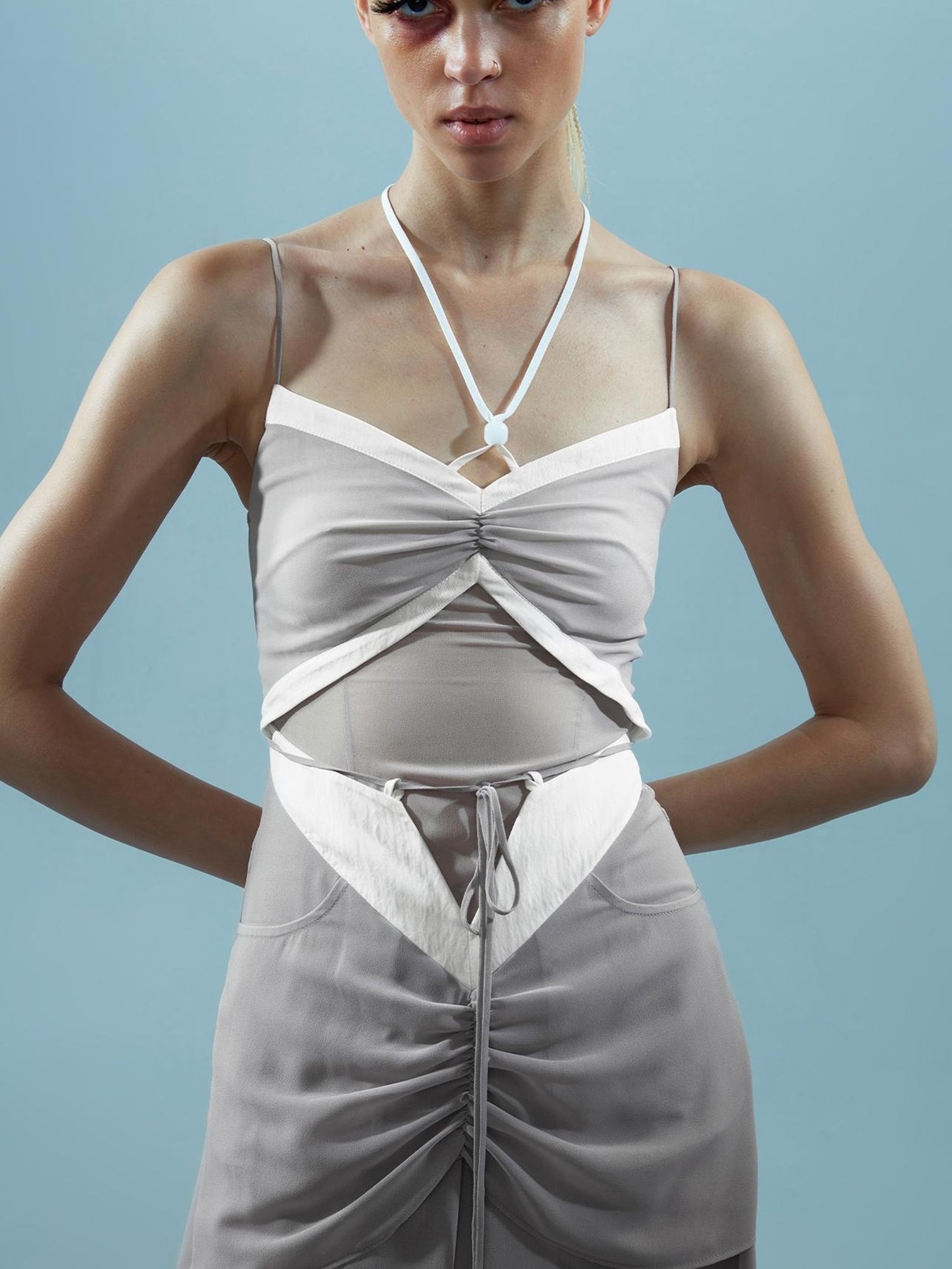 NN NORTH NODE Chiffon Gather Beaded Strap V-neck Dress