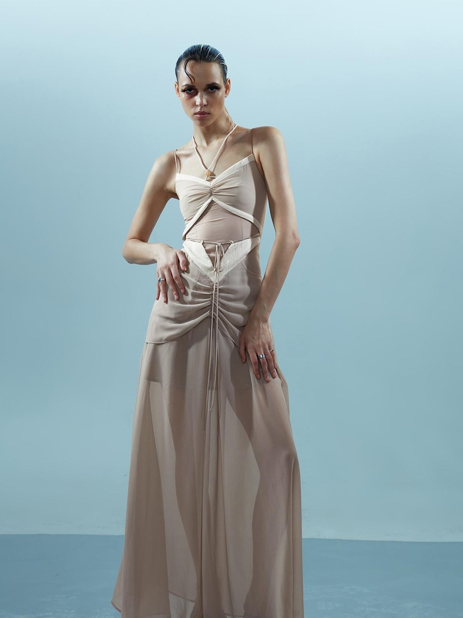 NN NORTH NODE Chiffon Gather Beaded Strap V-neck Dress