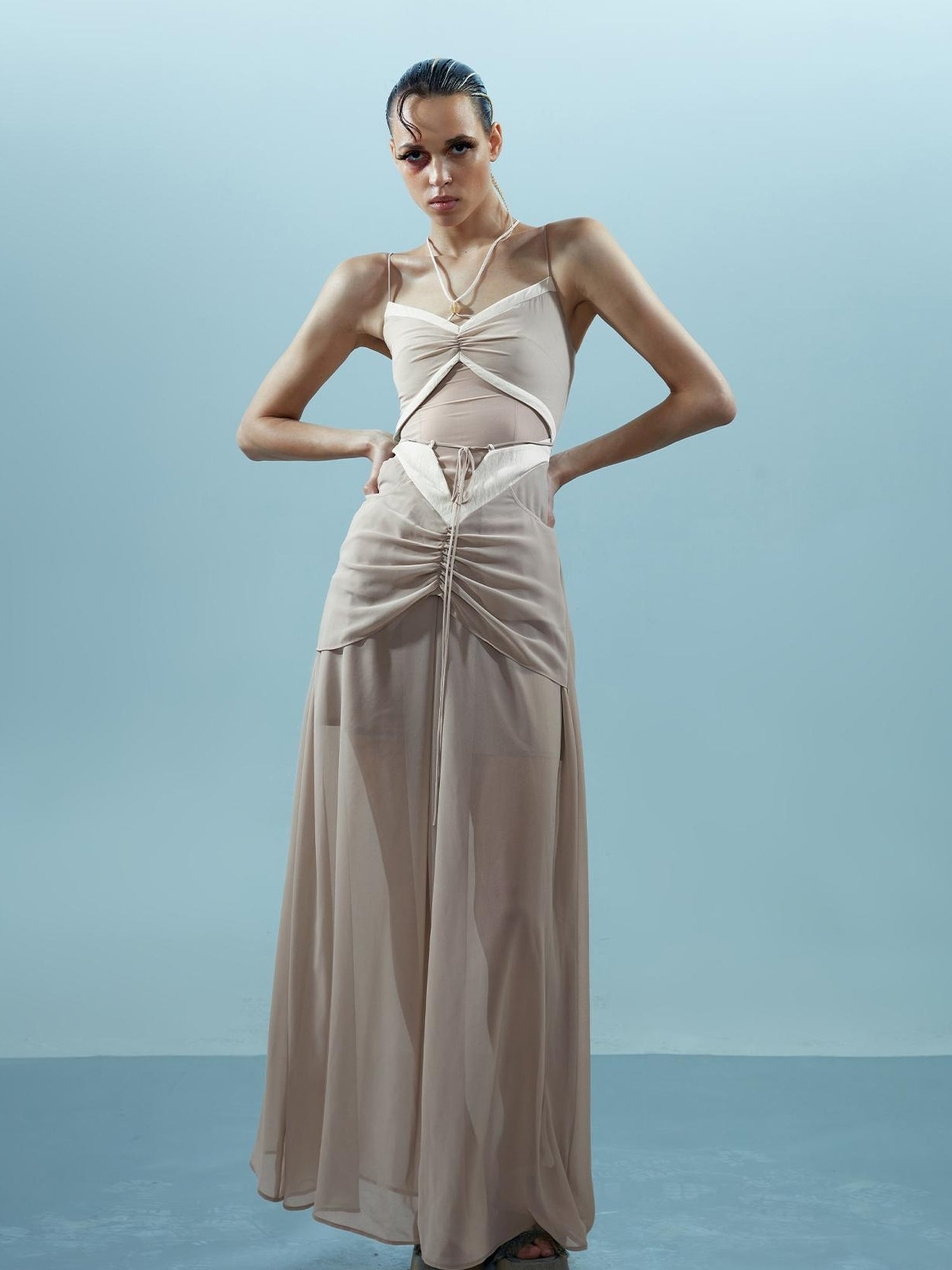 NN NORTH NODE Chiffon Gather Beaded Strap V-neck Dress