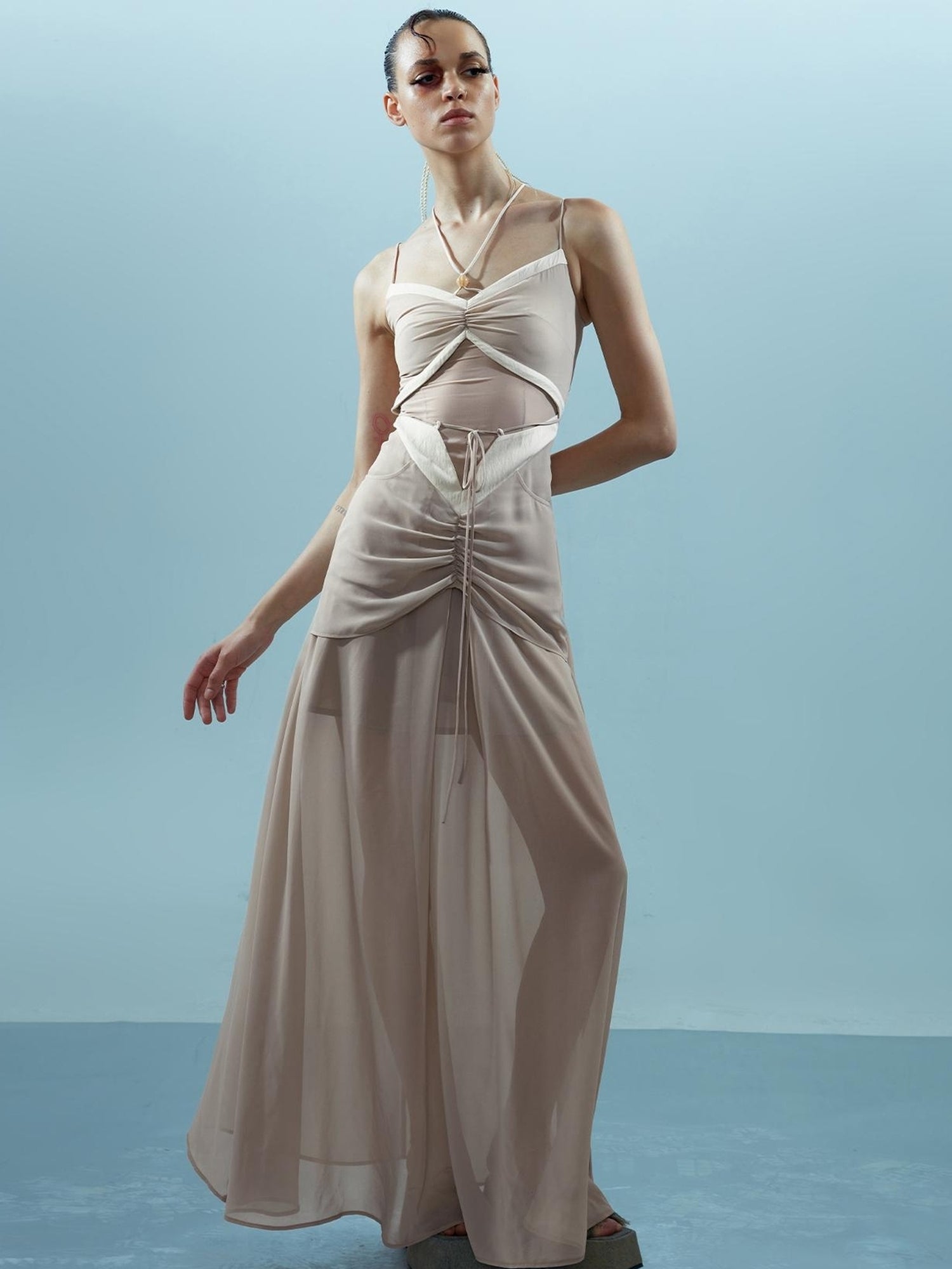 NN NORTH NODE Chiffon Gather Beaded Strap V-neck Dress