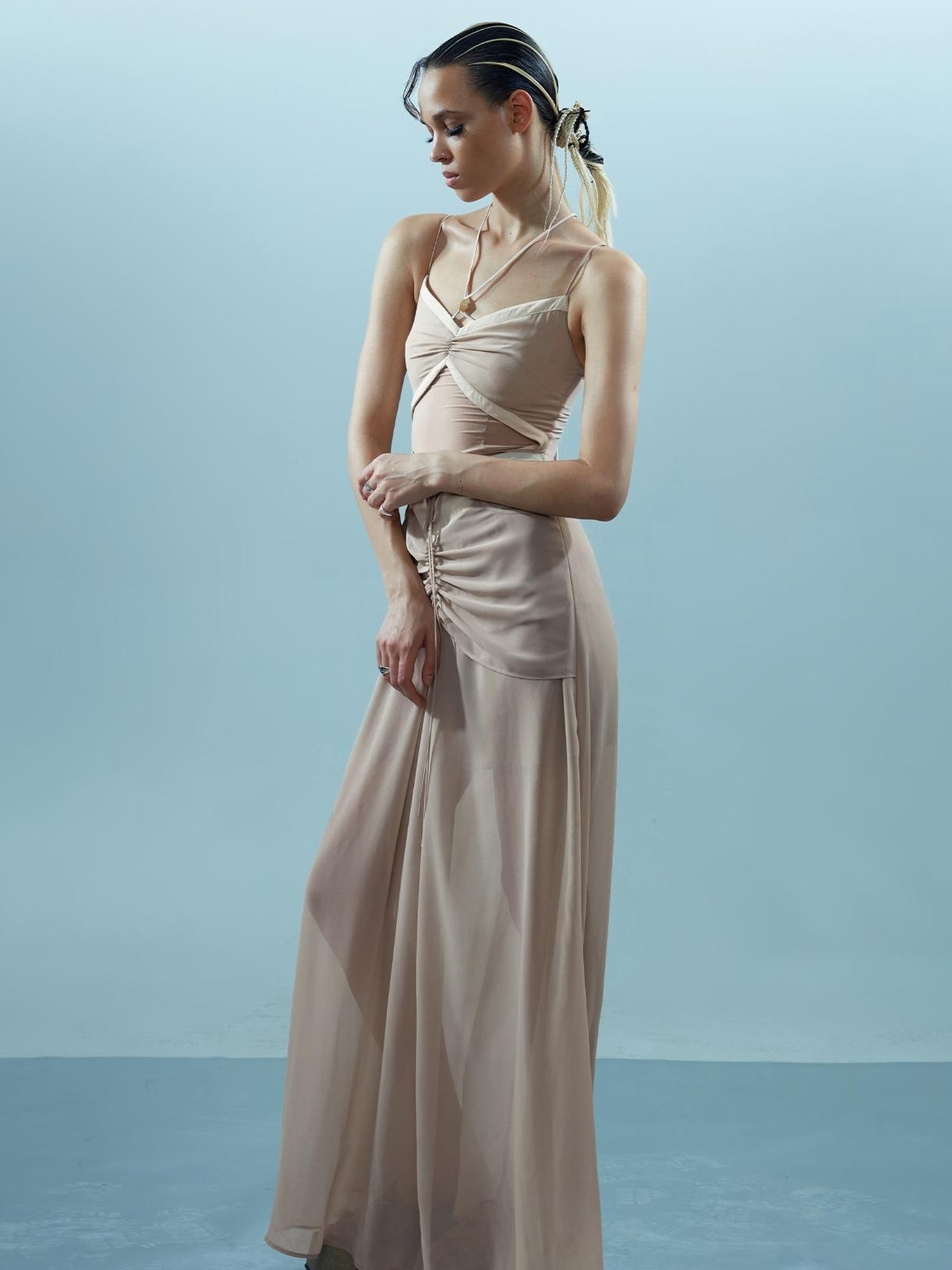 NN NORTH NODE Chiffon Gather Beaded Strap V-neck Dress