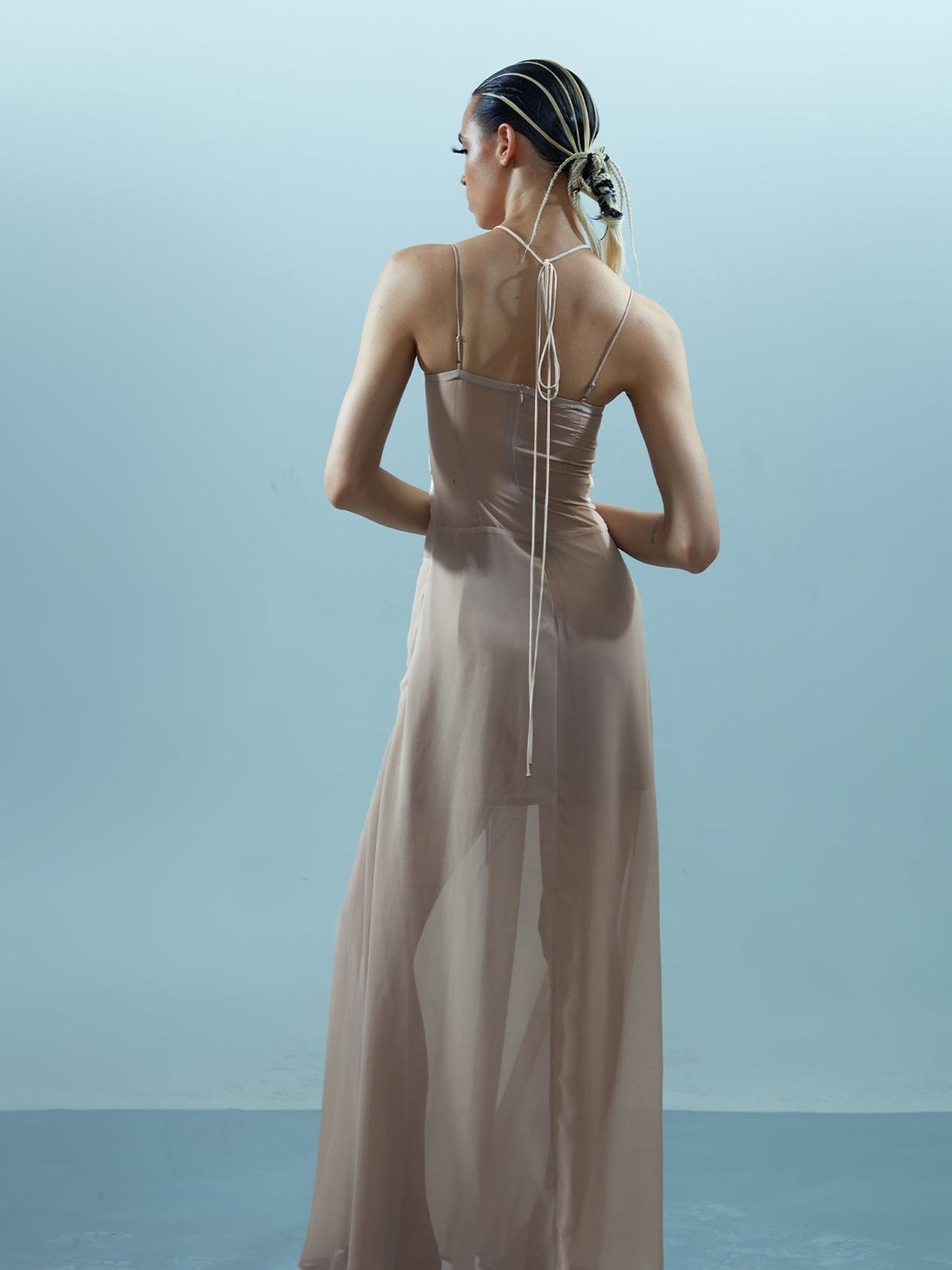 NN NORTH NODE Chiffon Gather Beaded Strap V-neck Dress