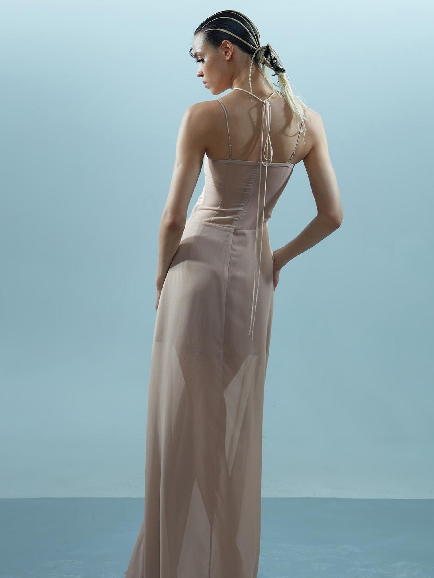 NN NORTH NODE Chiffon Gather Beaded Strap V-neck Dress