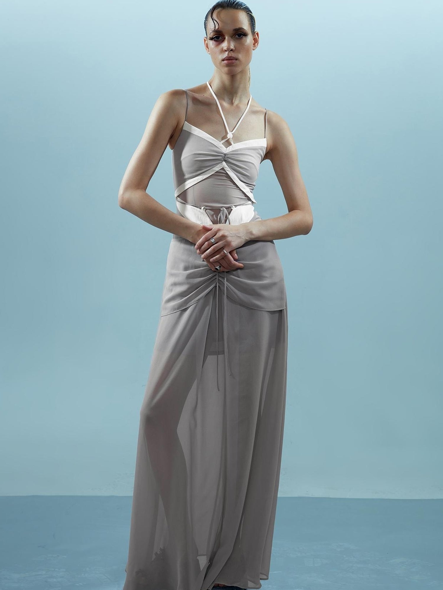 NN NORTH NODE Chiffon Gather Beaded Strap V-neck Dress