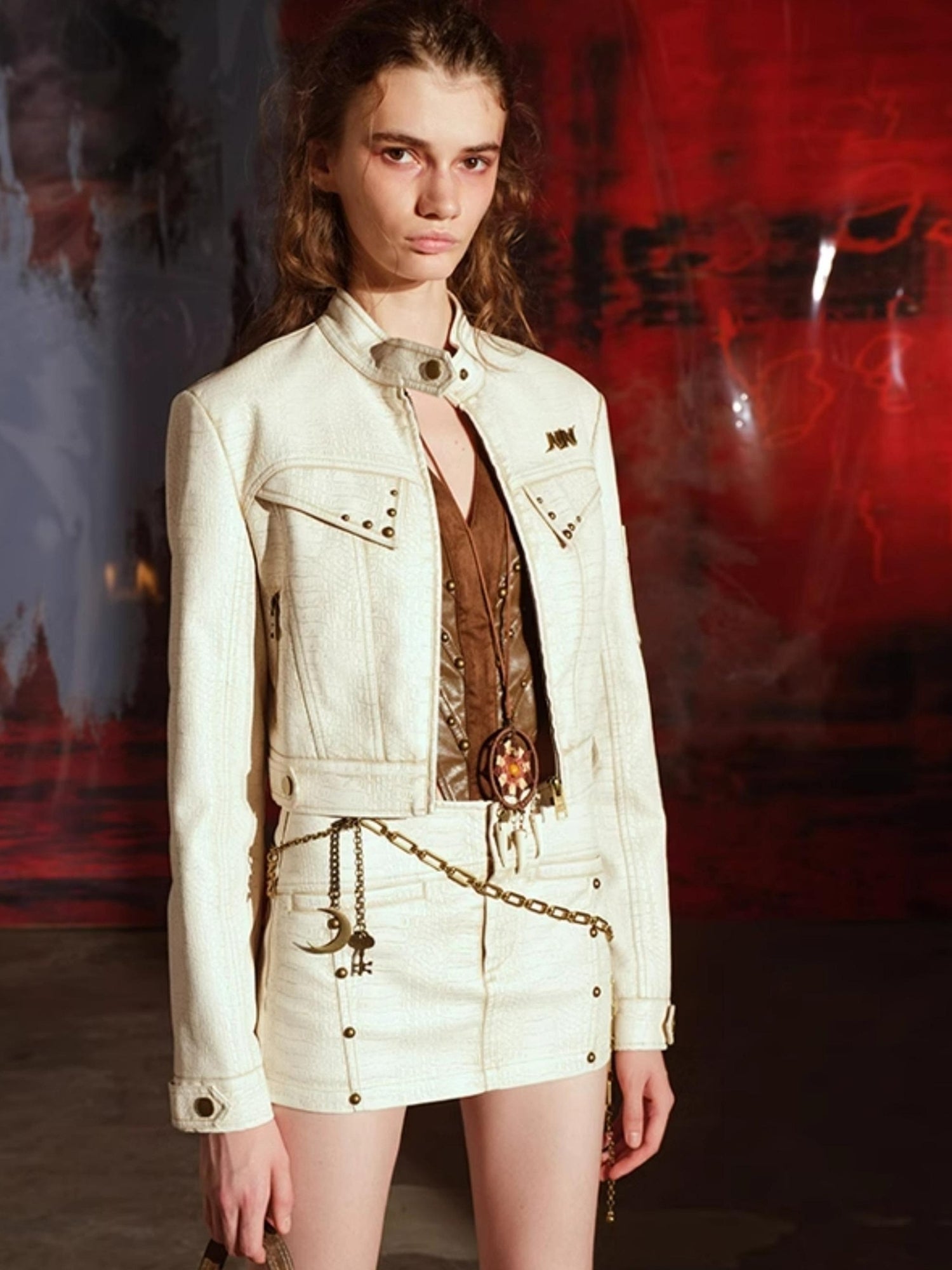 UpdateNN NORTH NODE Crocodile Texture Leather Jacket Skirt Set