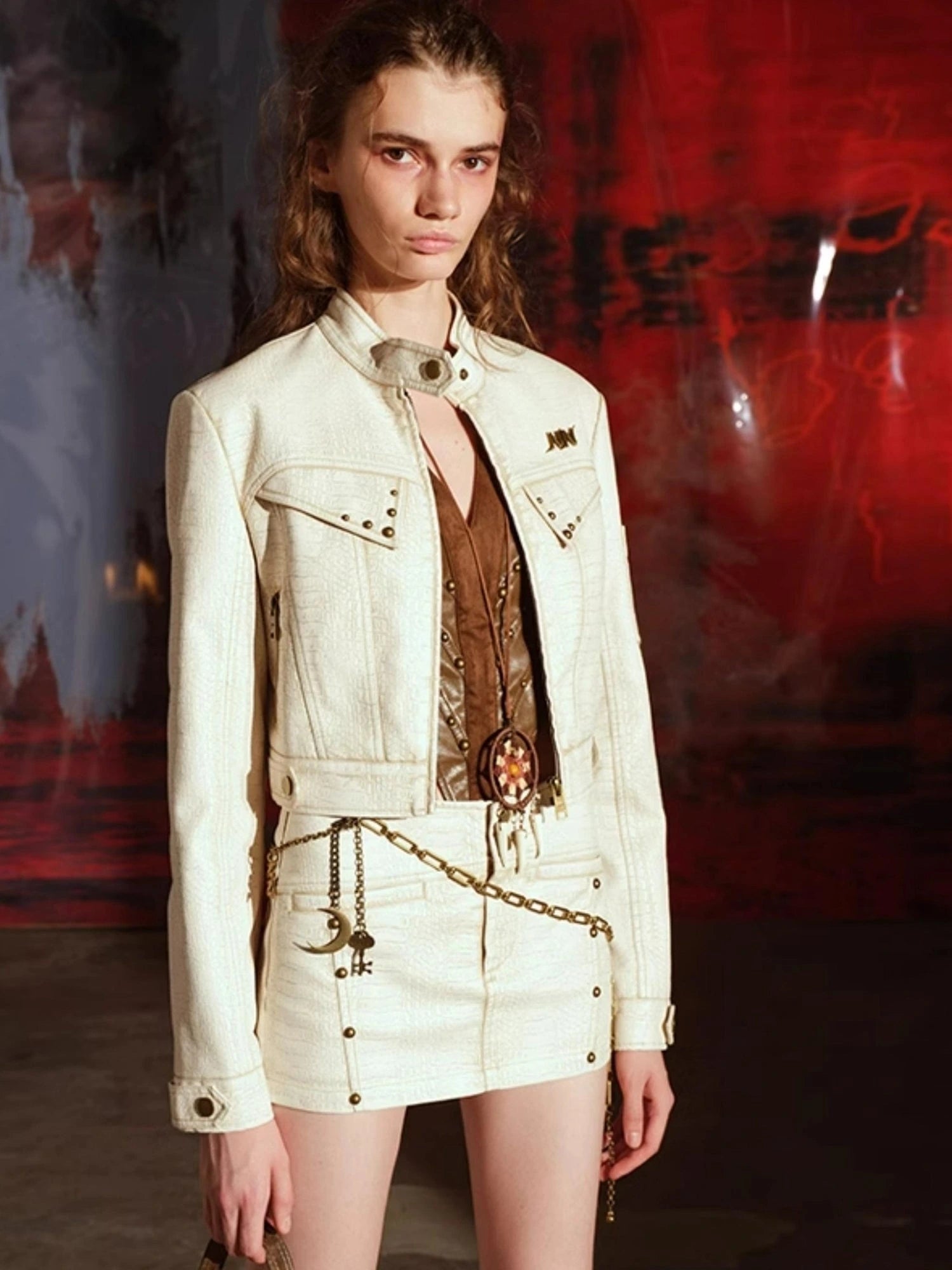 Crocodile Texture Leather Jacket Skirt Set