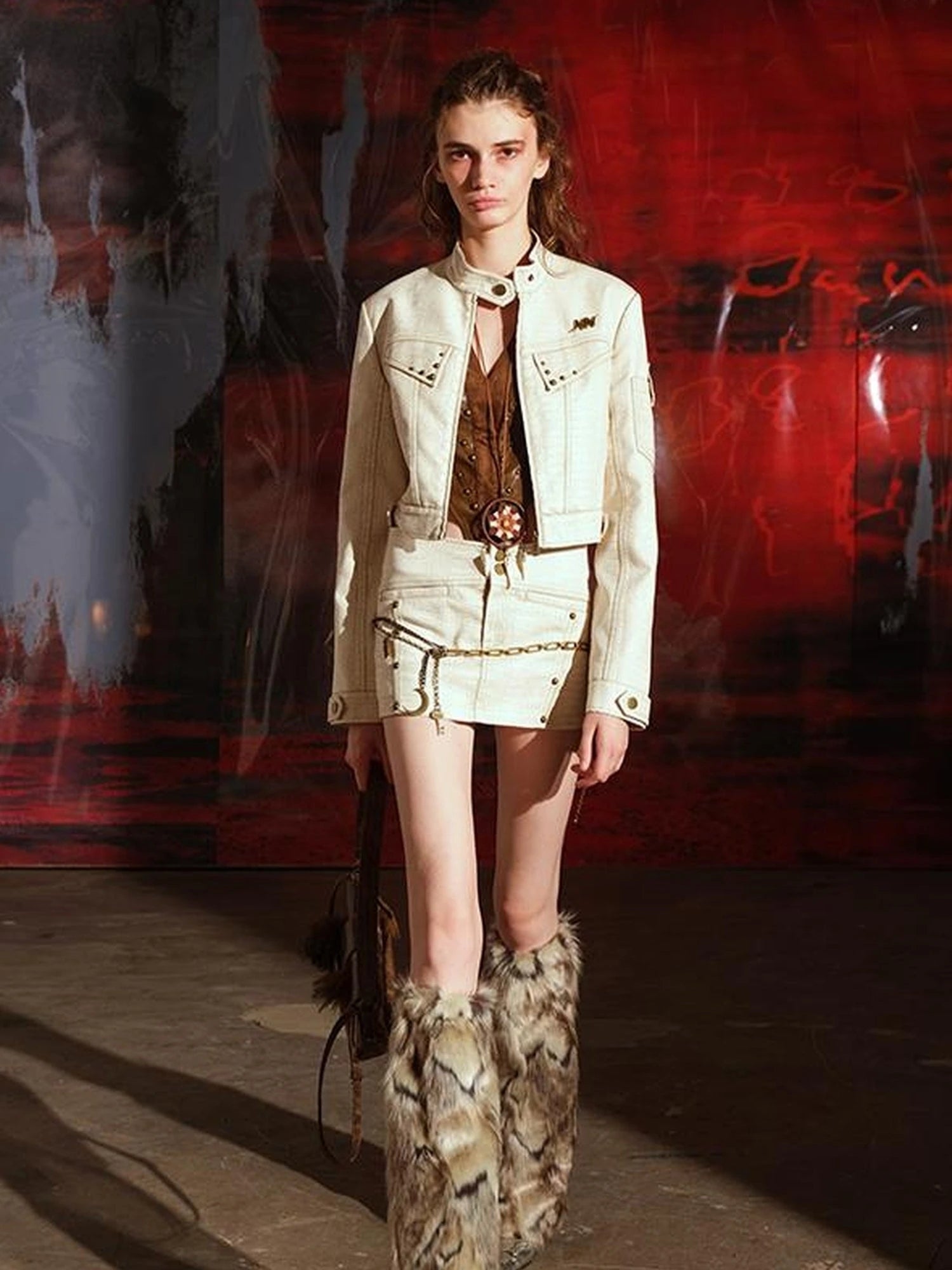 Crocodile Texture Leather Jacket Skirt Set