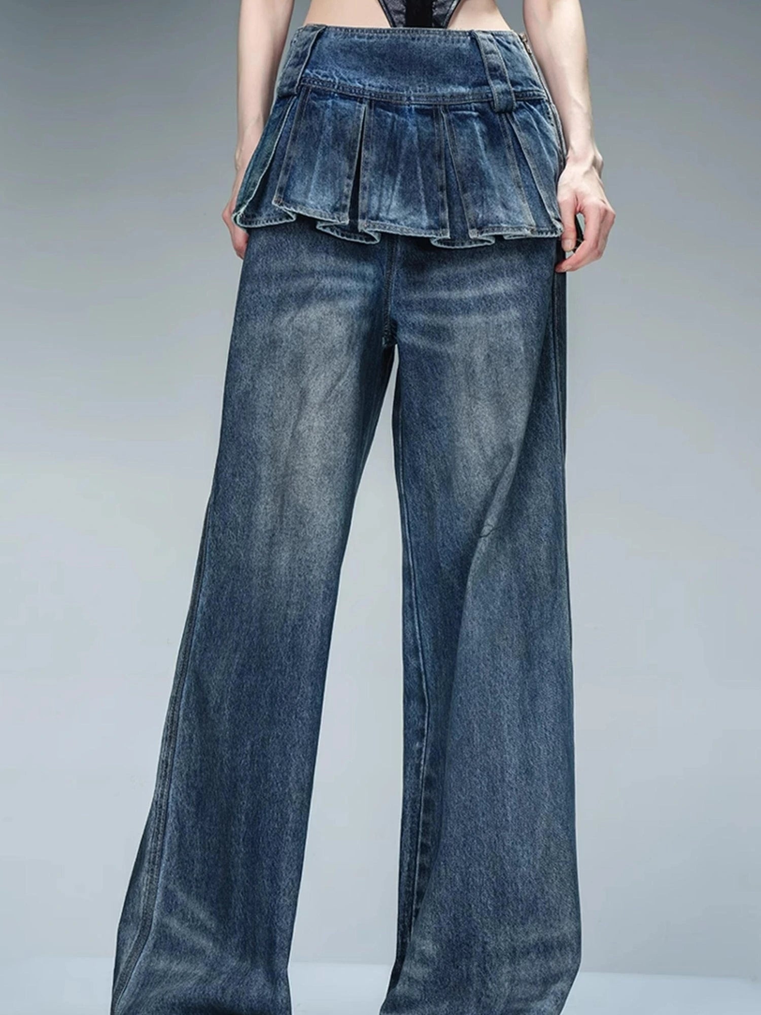 Denim Culottes With Wide Leg And Pleated Detail