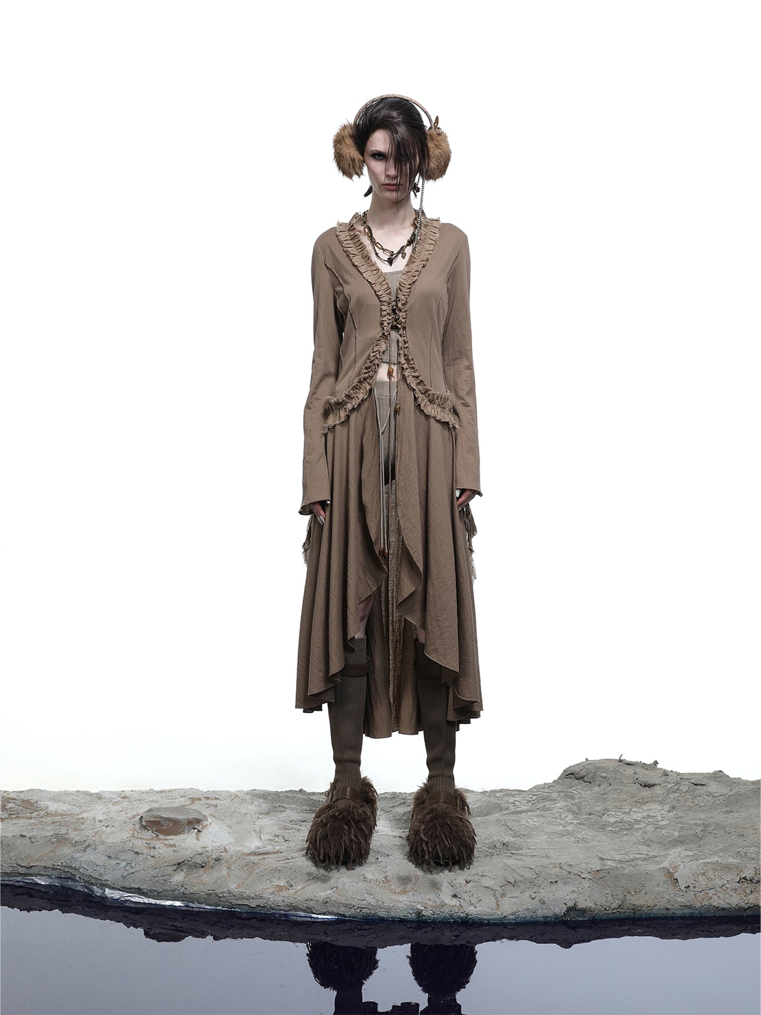 NN NORTH NODE Desert Veil Linen Lace Beaded Tie Shirt Dress