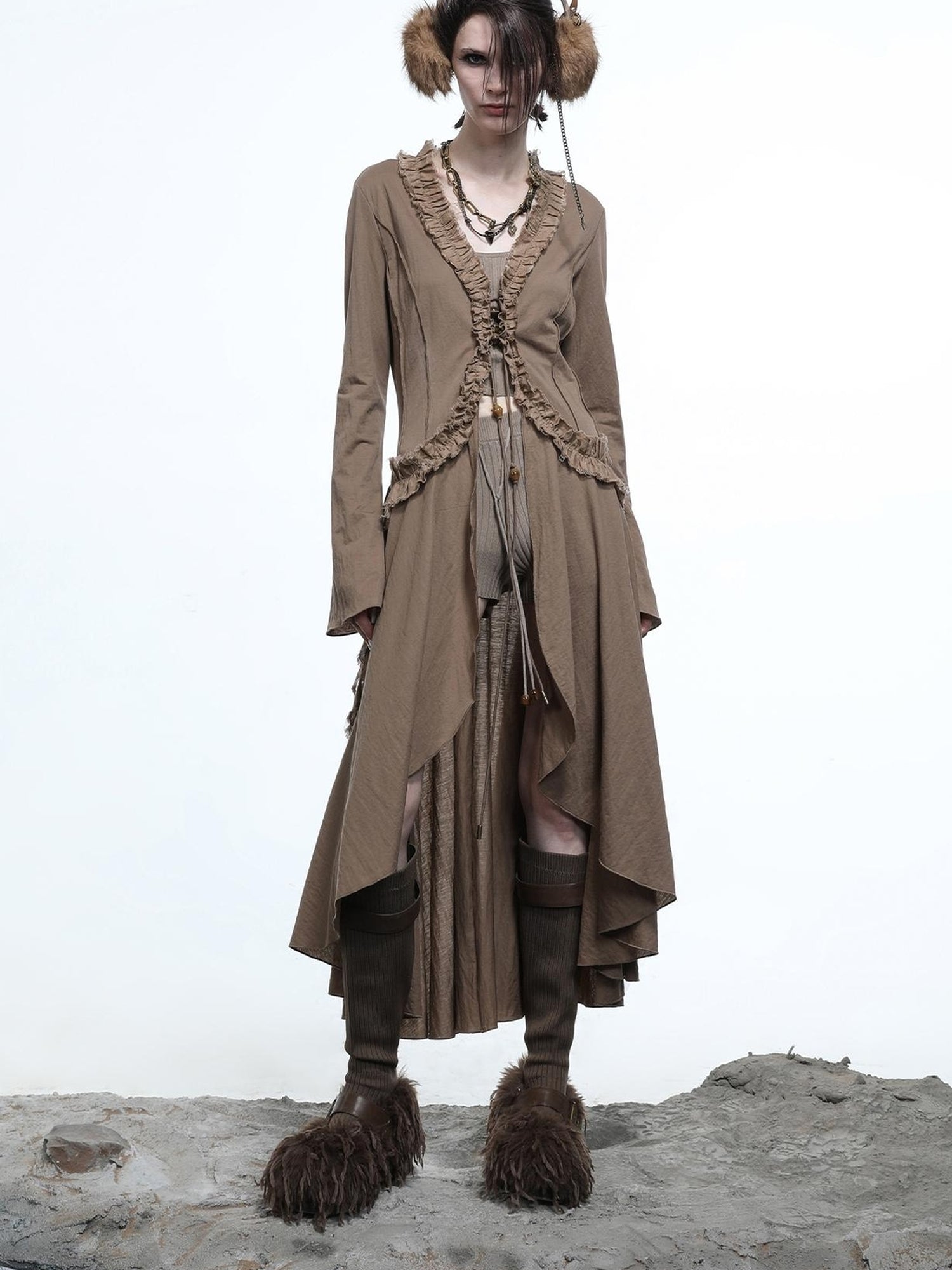 NN NORTH NODE Desert Veil Linen Lace Beaded Tie Shirt Dress