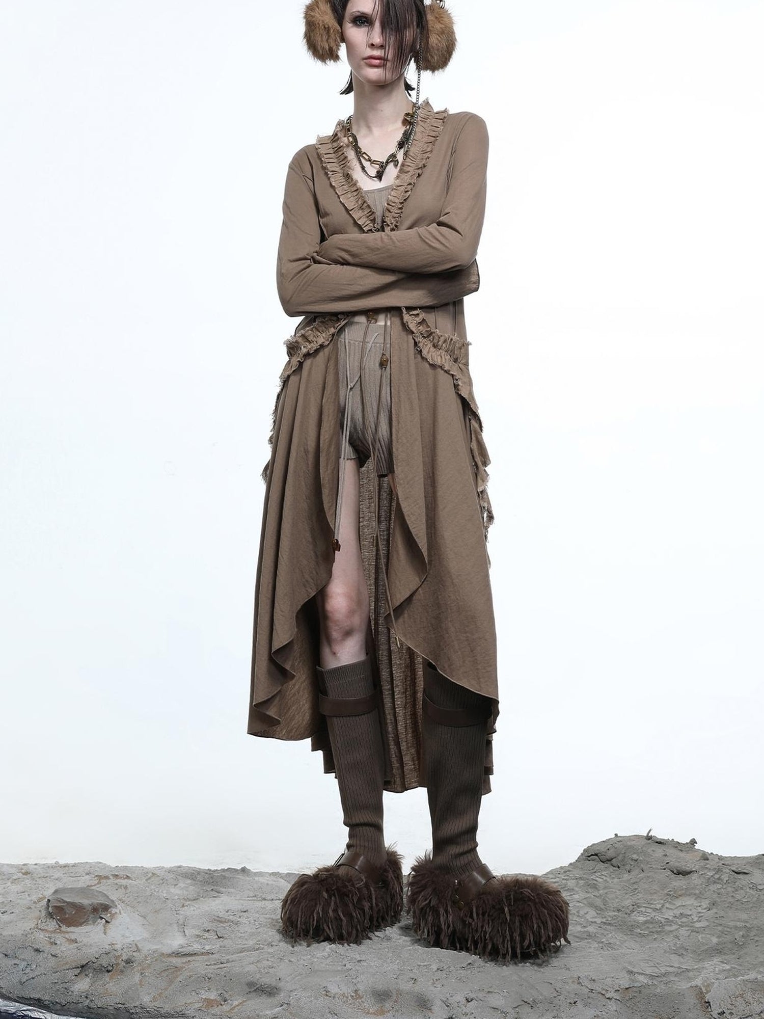 NN NORTH NODE Desert Veil Linen Lace Beaded Tie Shirt Dress