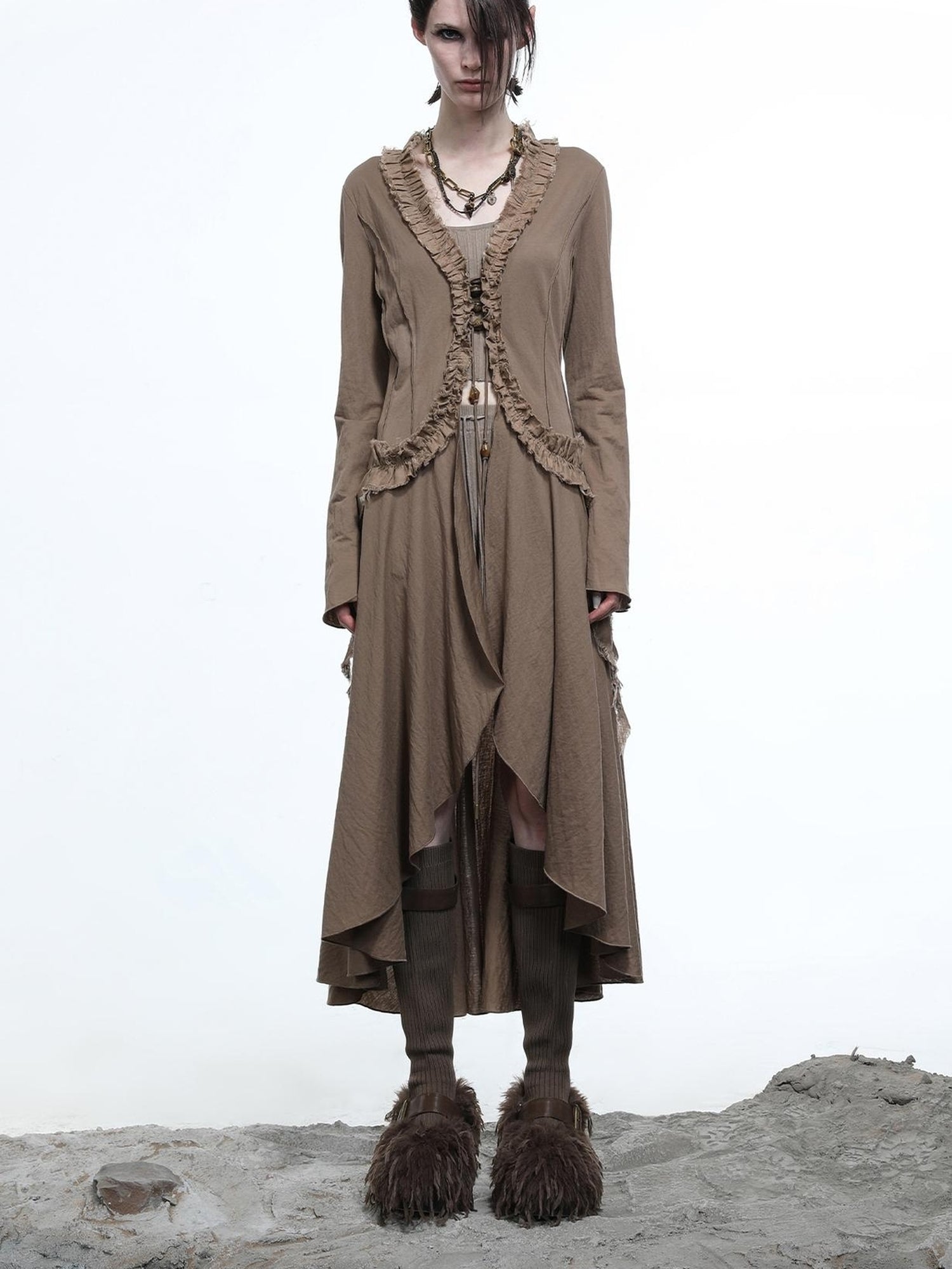 NN NORTH NODE Desert Veil Linen Lace Beaded Tie Shirt Dress