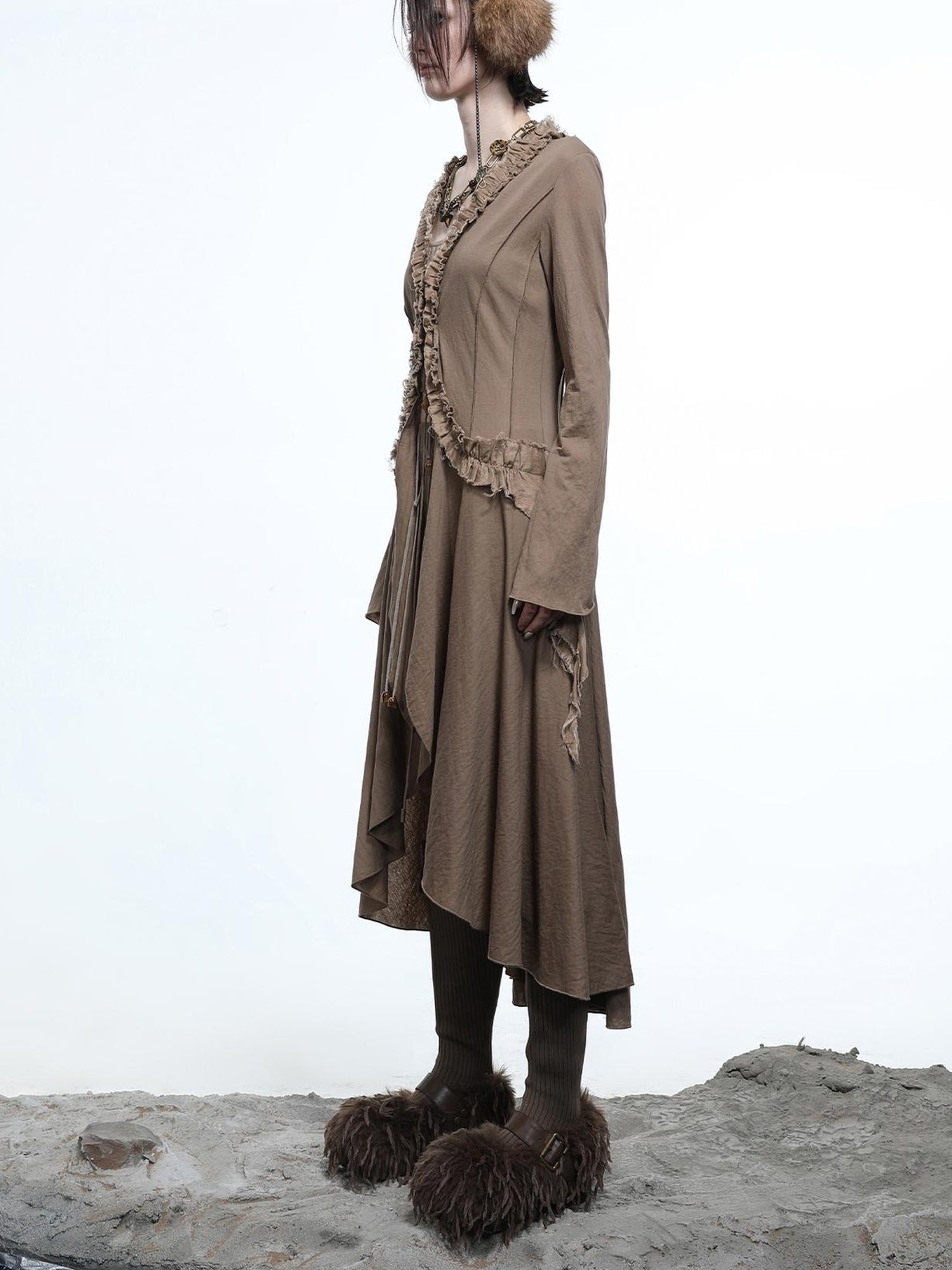 NN NORTH NODE Desert Veil Linen Lace Beaded Tie Shirt Dress
