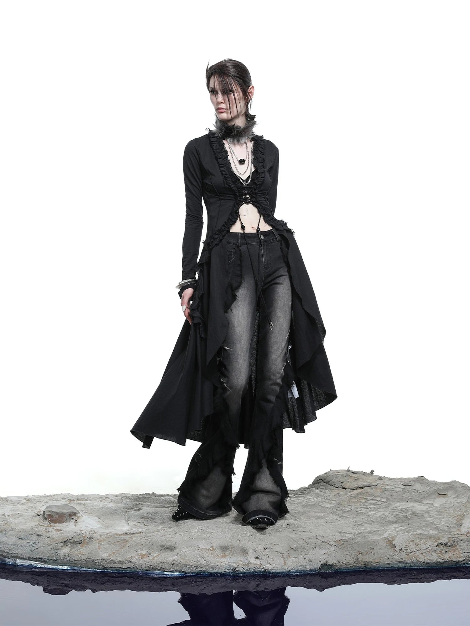 Desert Veil Linen Lace Beaded Tie Shirt Dress