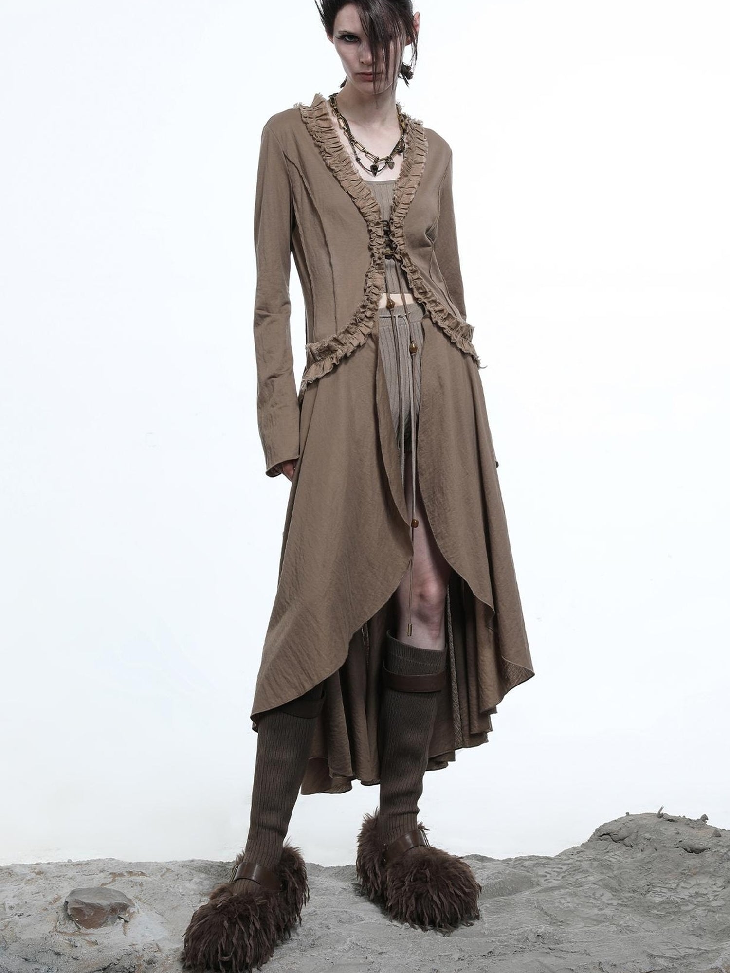 NN NORTH NODE Desert Veil Linen Lace Beaded Tie Shirt Dress