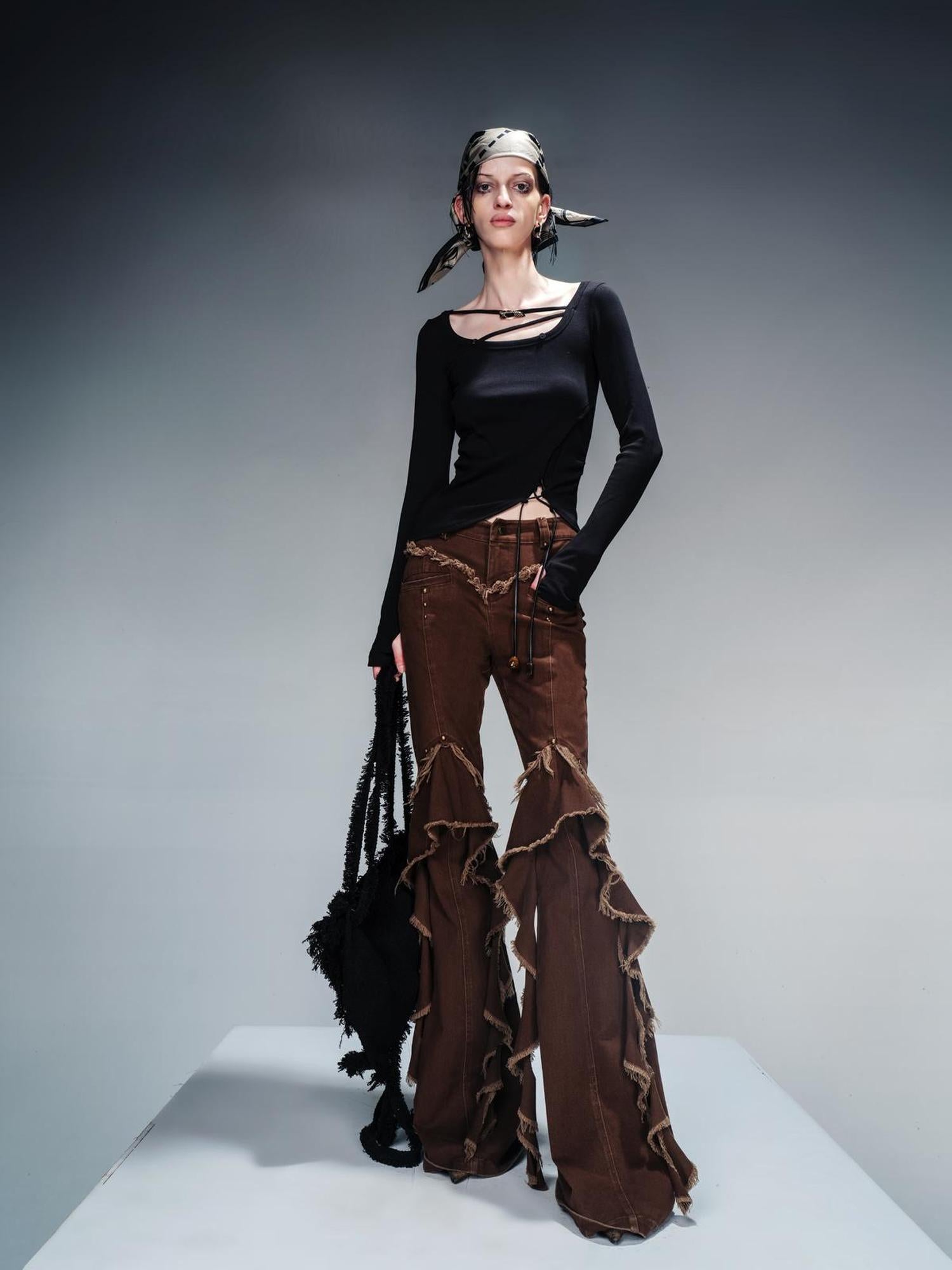 NN NORTH NODE Detachable Fur Collar Knit Top With Asymmetric Hem