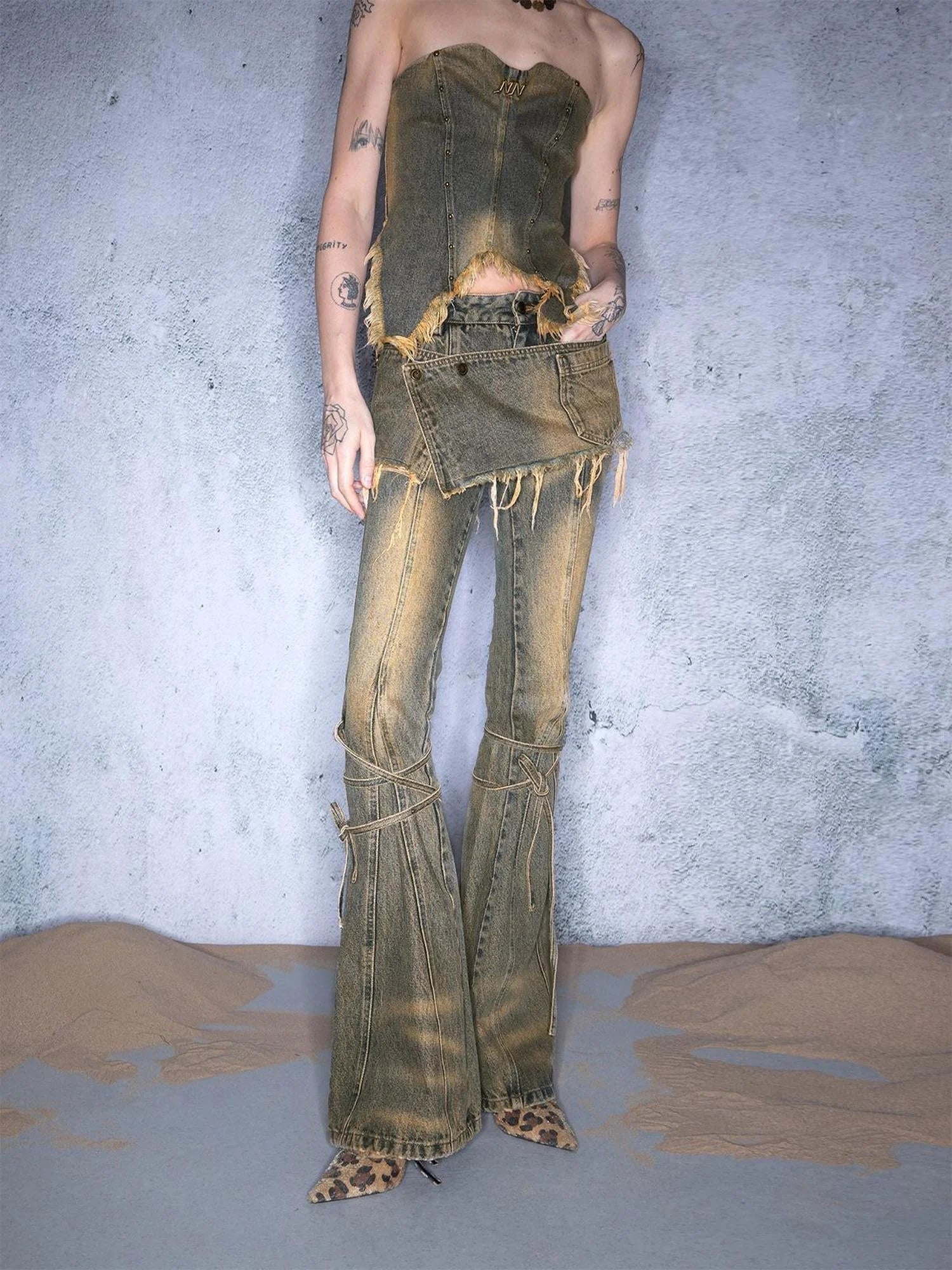 Dirty Wash Tied Hem Flared Denim Culottes