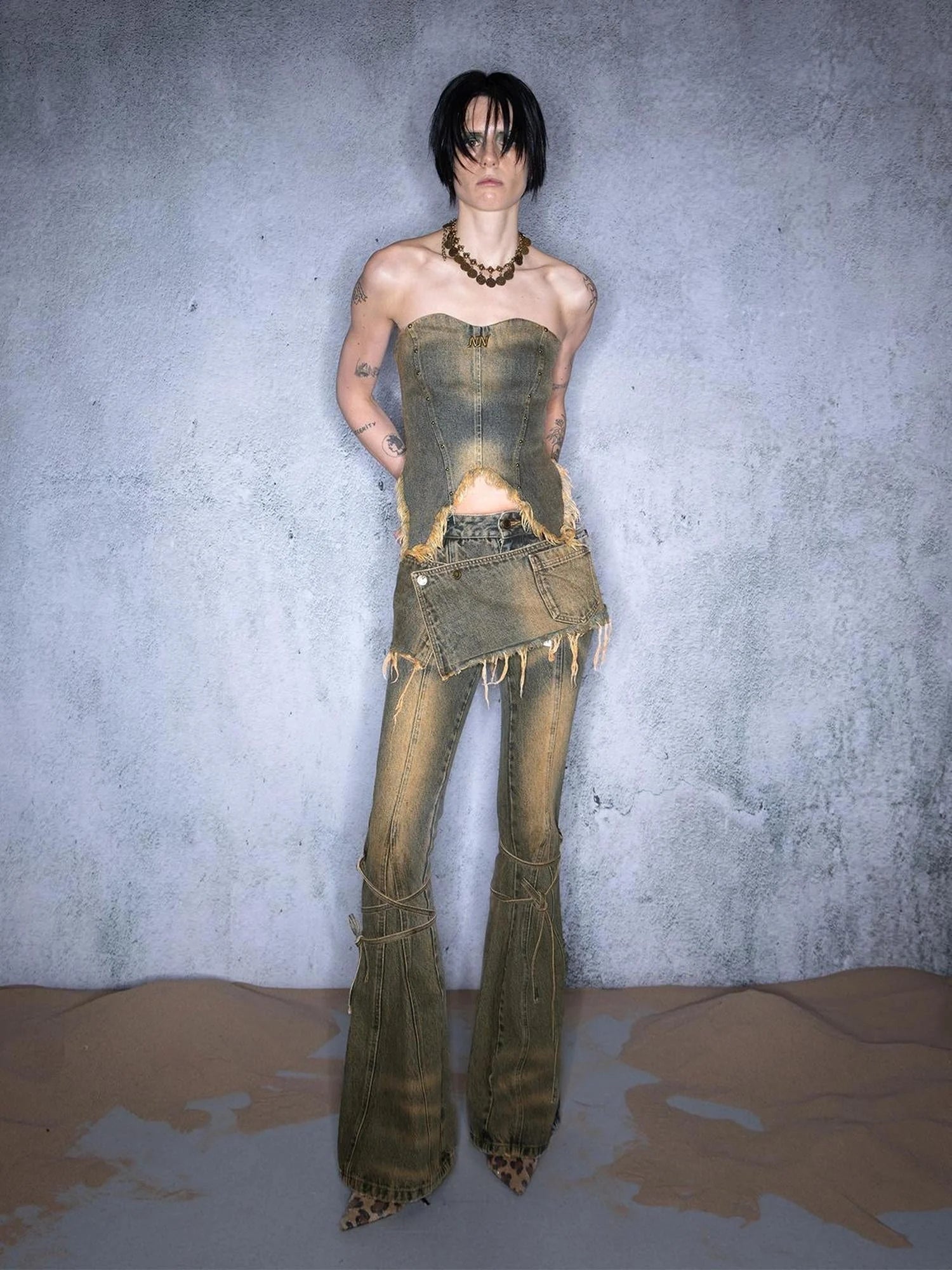 Dirty Wash Tied Hem Flared Denim Culottes