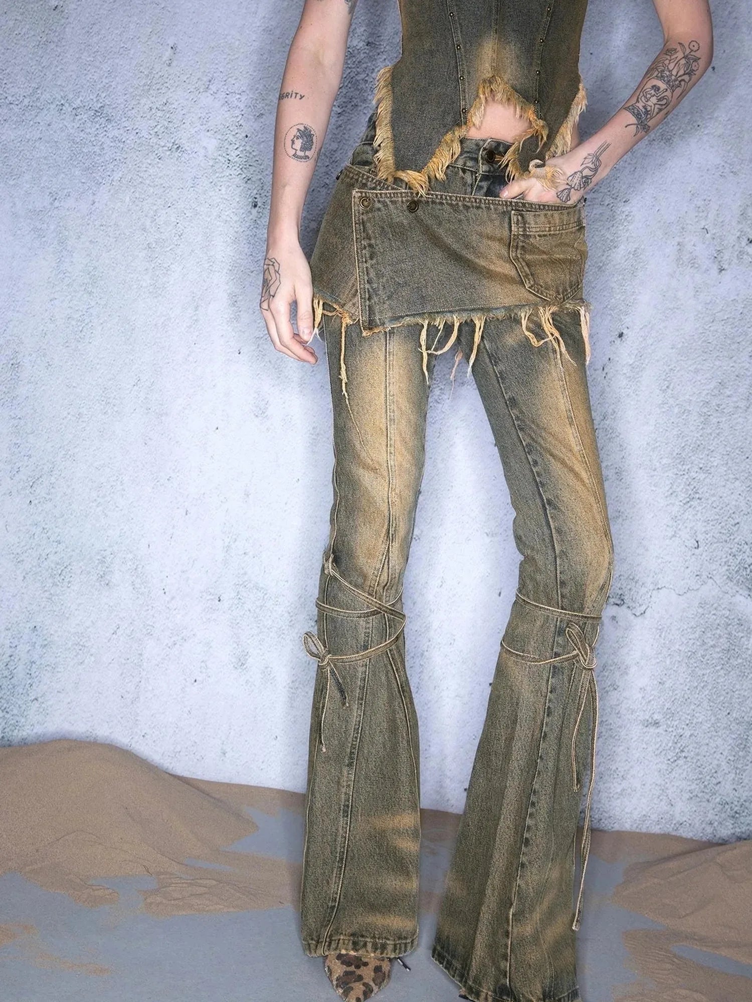 Dirty Wash Tied Hem Flared Denim Culottes