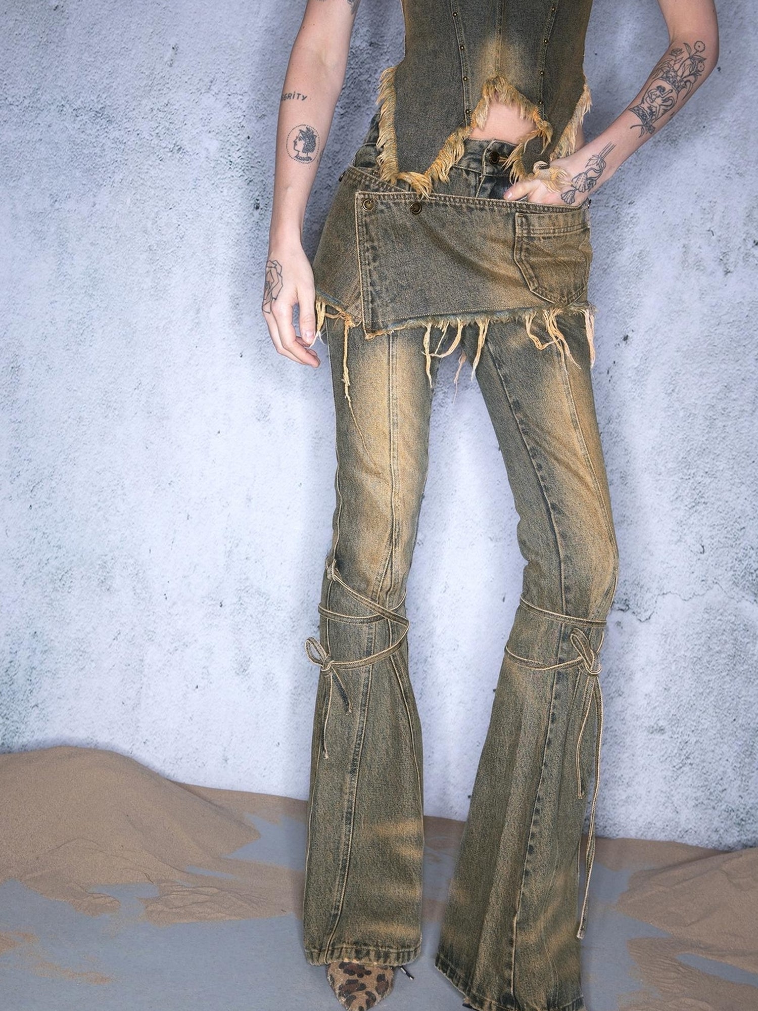 UpdateNN NORTH NODE Dirty Wash Tied Hem Flared Denim Culottes