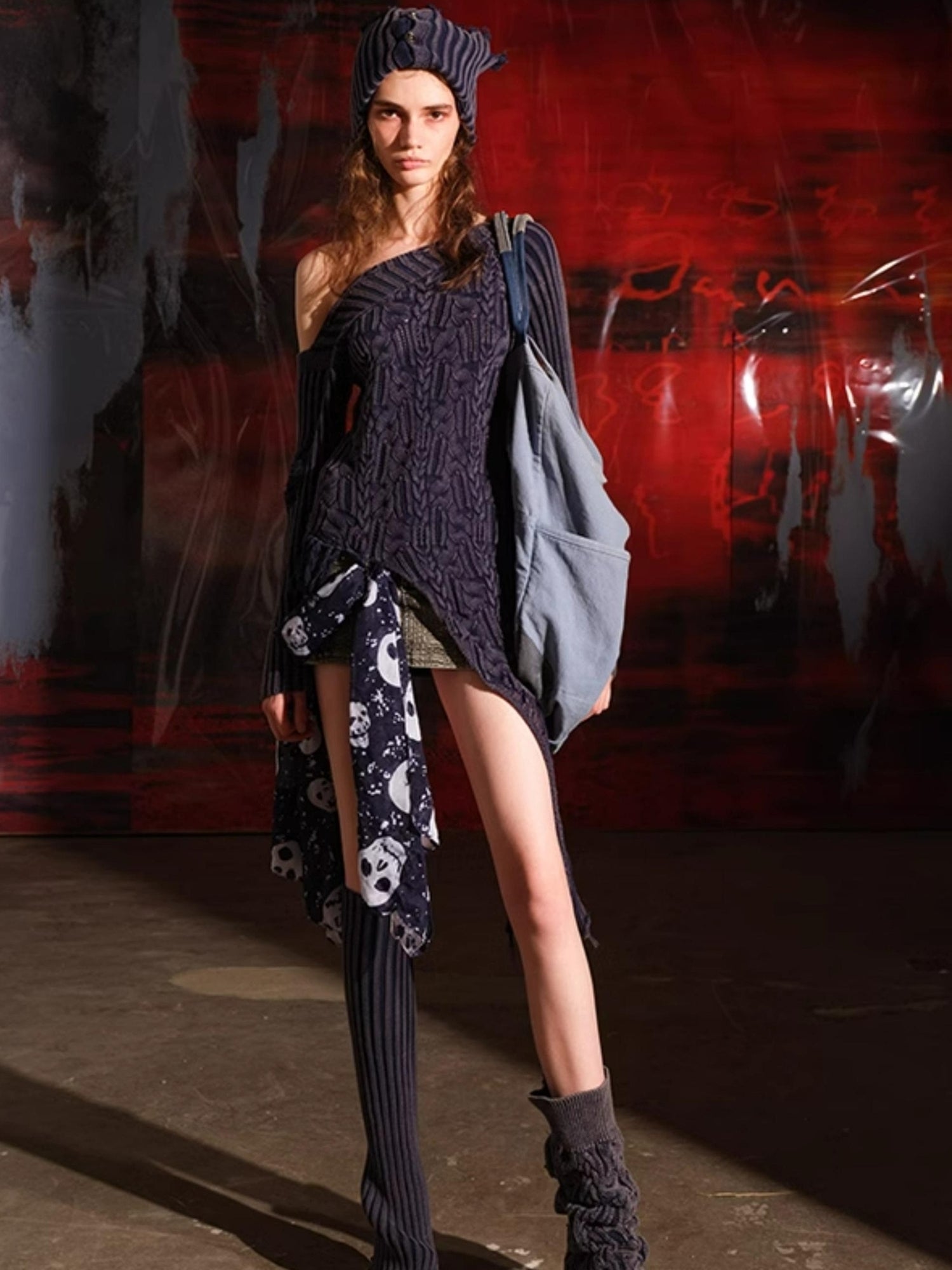 NN NORTH NODE Distressed Asymmetrical Off Shoulder Sweater