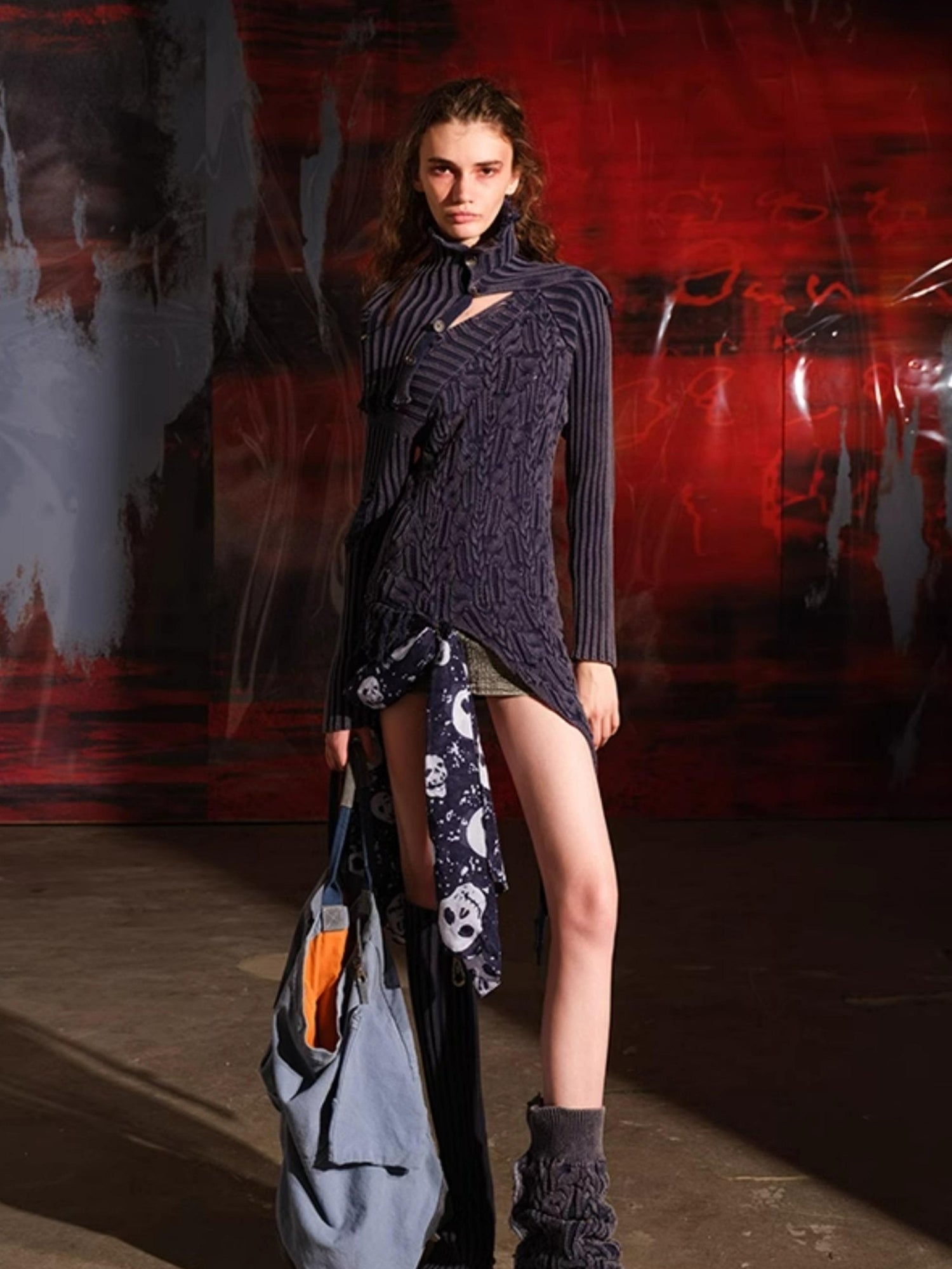 NN NORTH NODE Distressed Asymmetrical Off Shoulder Sweater