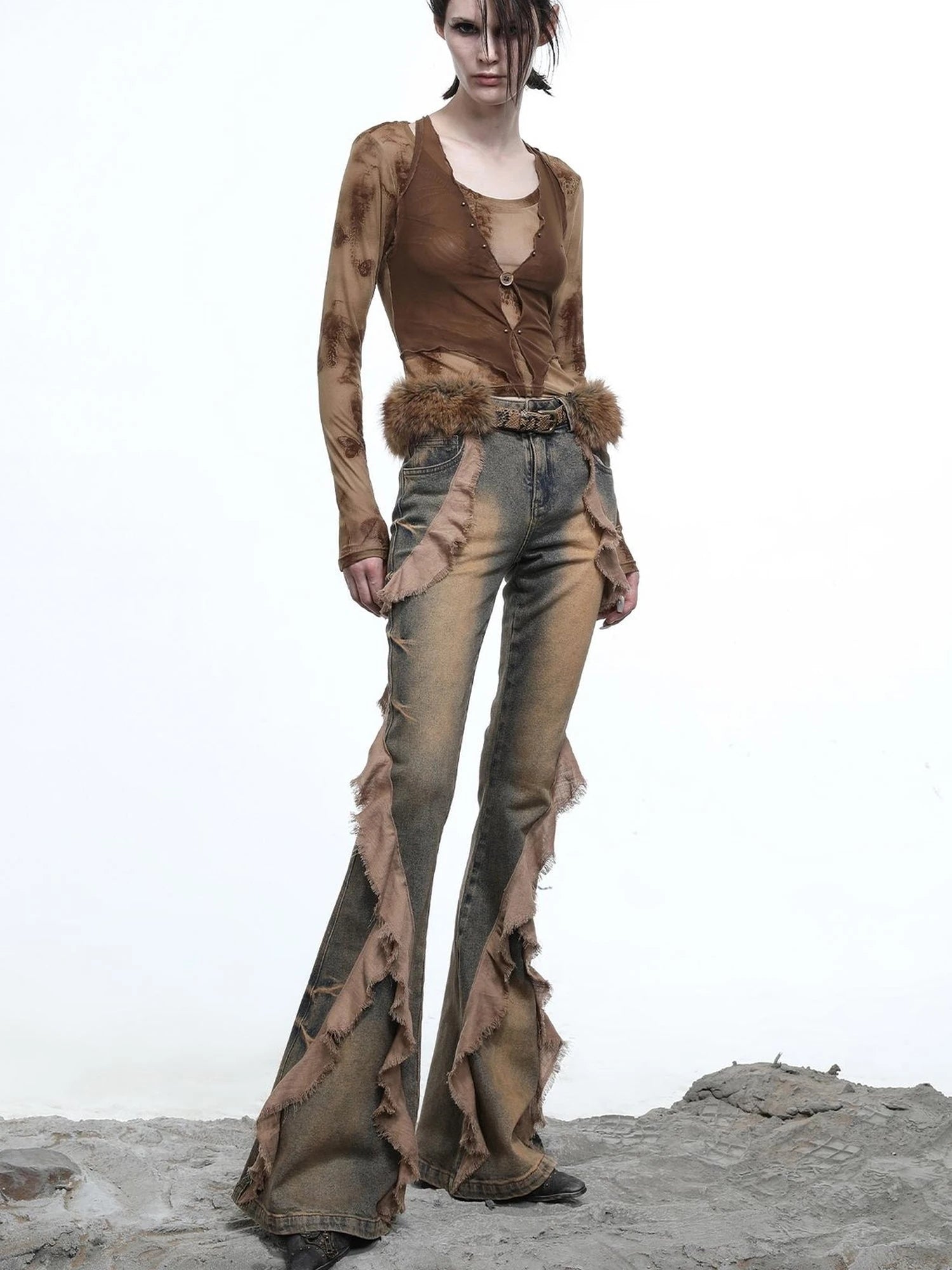 Distressed Denim Flared Pants With Cape Detailing