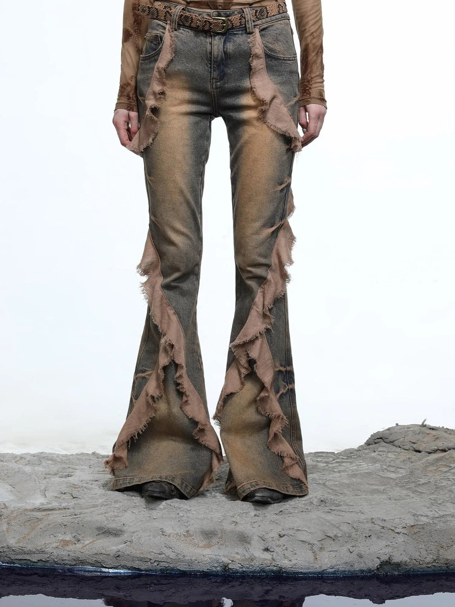 Distressed Denim Flared Pants With Cape Detailing