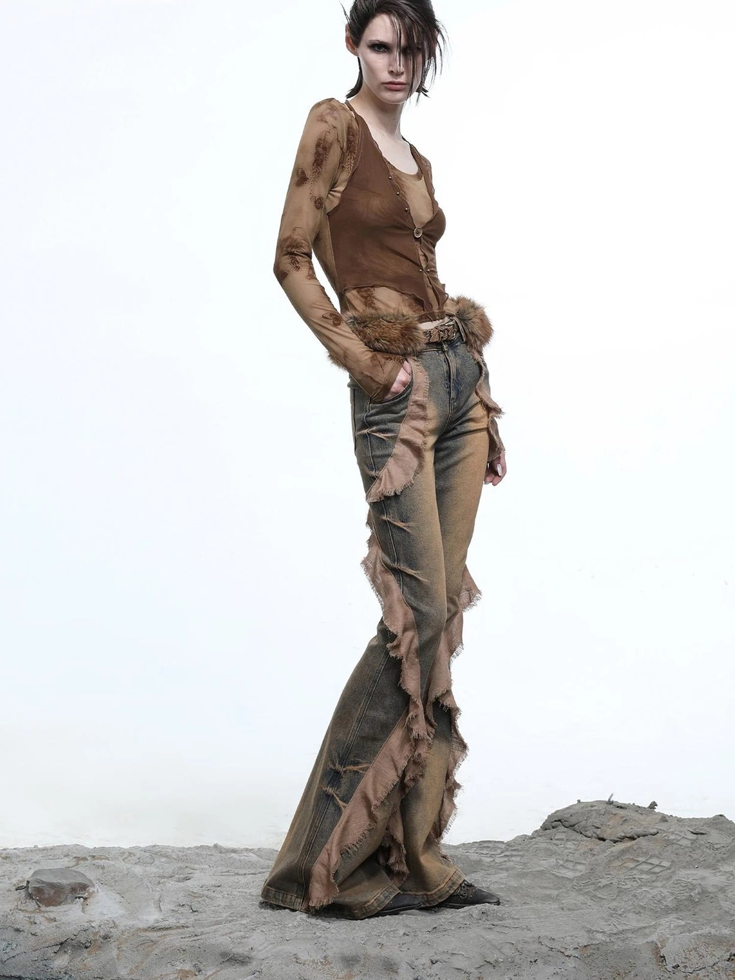 Distressed Denim Flared Pants With Cape Detailing