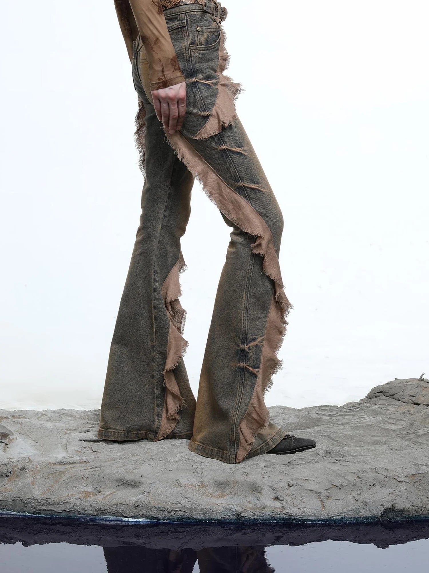 Distressed Denim Flared Pants With Cape Detailing