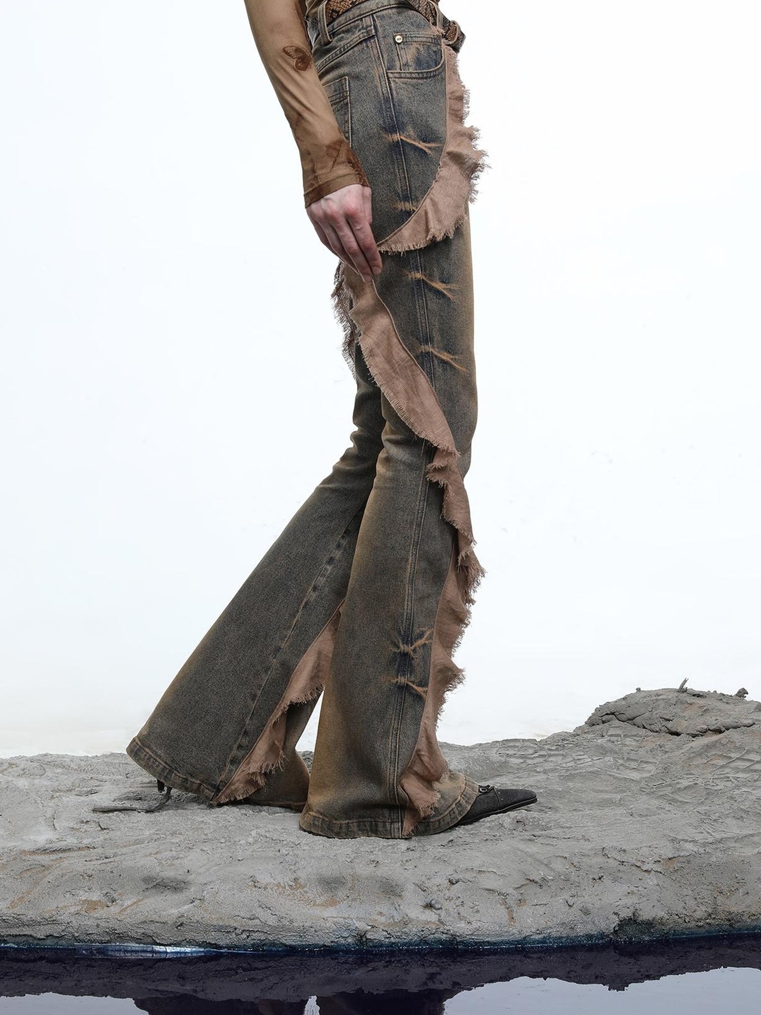 NN NORTH NODE Distressed Denim Flared Pants With Cape Detailing