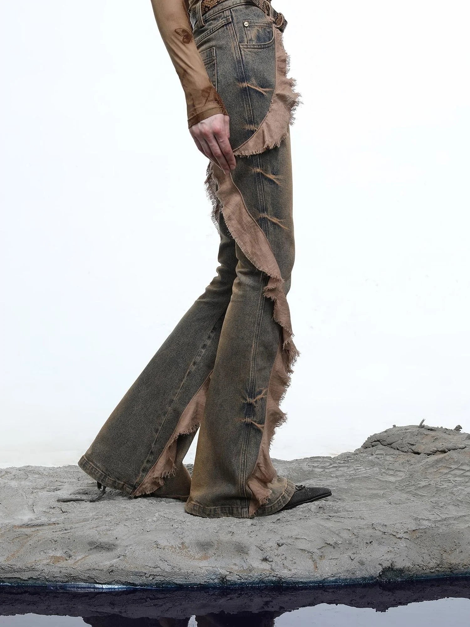 Distressed Denim Flared Pants With Cape Detailing