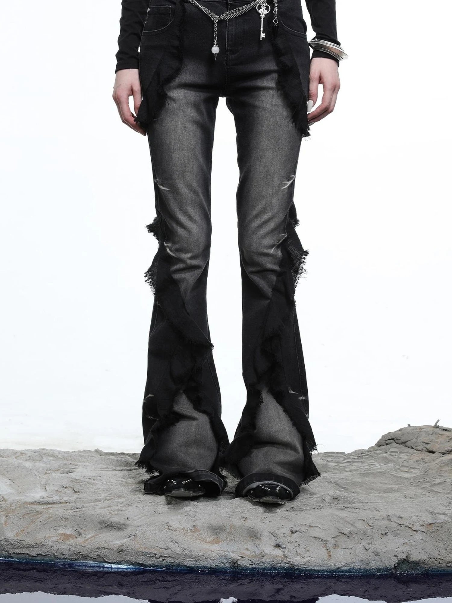 Distressed Denim Flared Pants With Cape Detailing