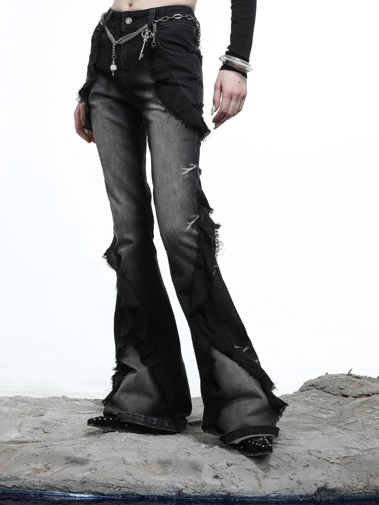 Distressed Denim Flared Pants With Cape Detailing