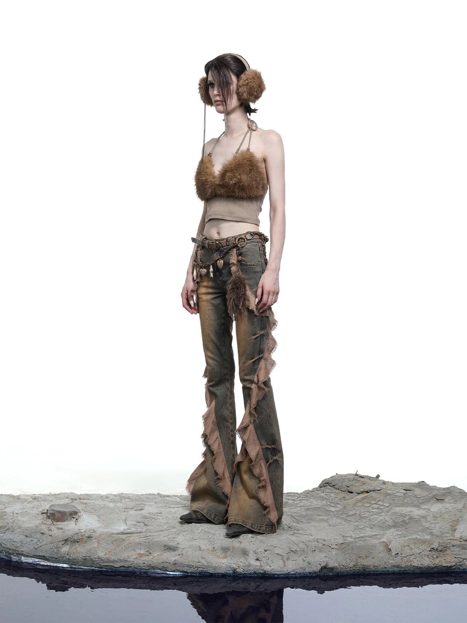 Distressed Denim Flared Pants With Cape Detailing