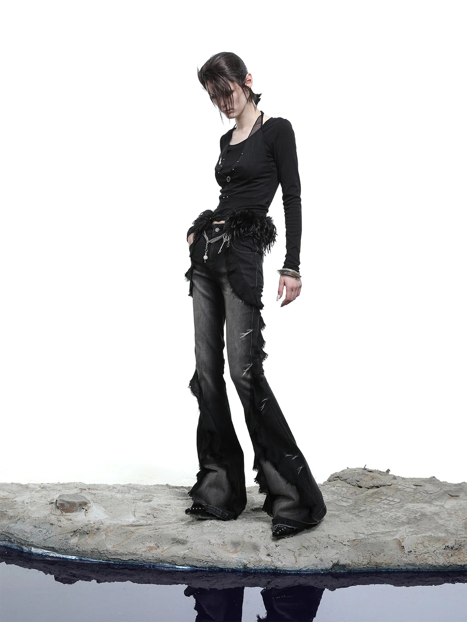 Distressed Denim Flared Pants With Cape Detailing