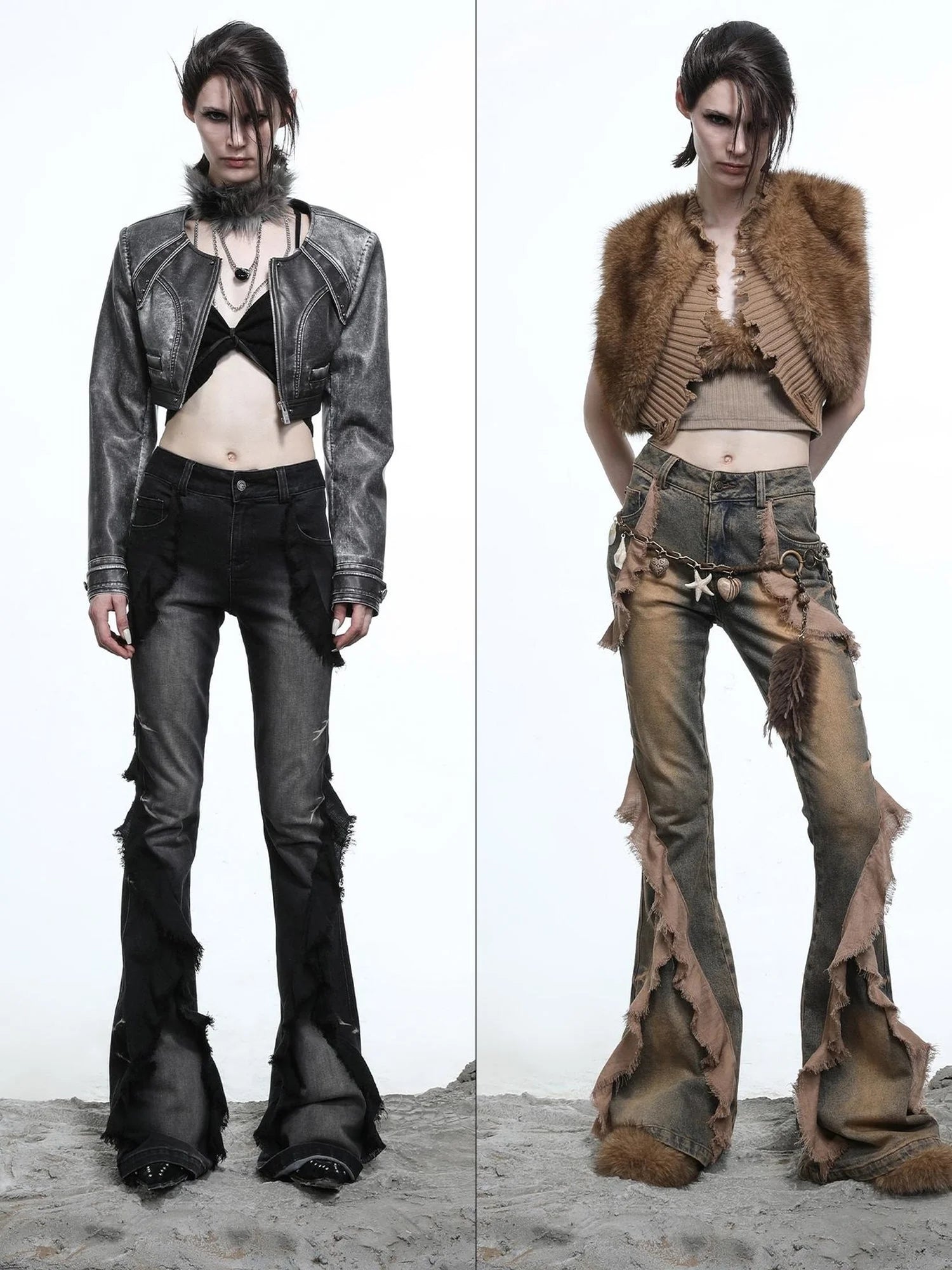 Distressed Denim Flared Pants With Cape Detailing