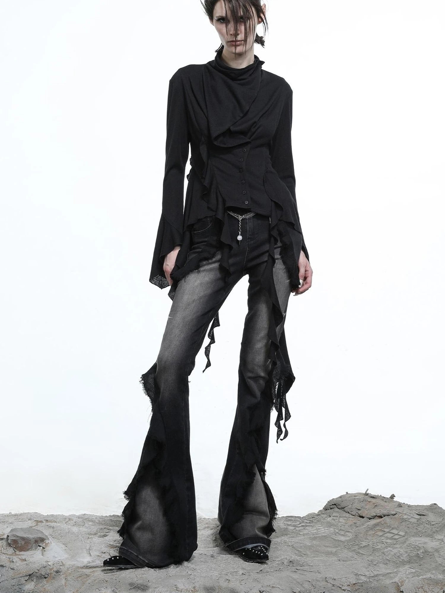 Distressed Denim Flared Pants With Cape Detailing