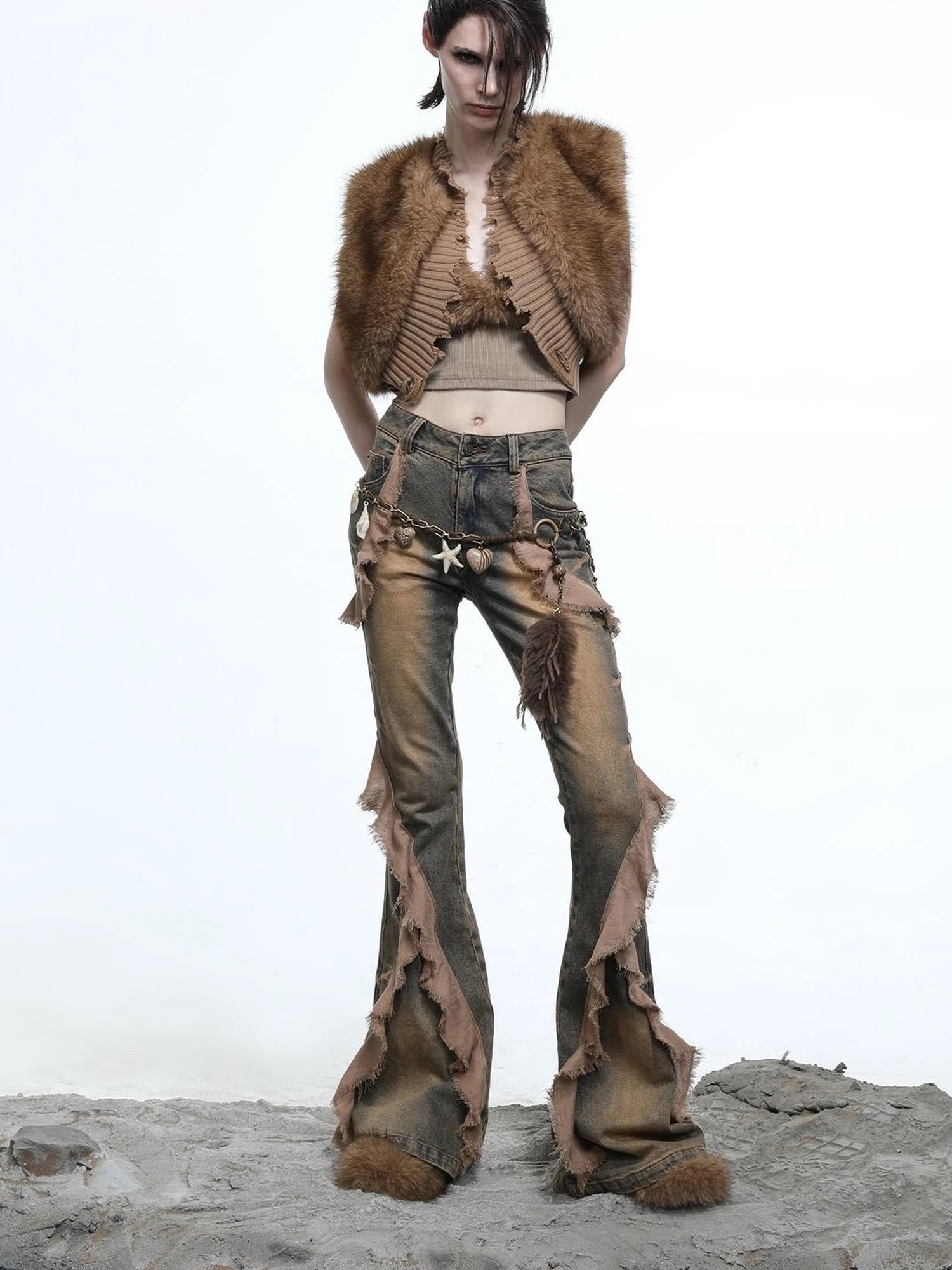 Distressed Denim Flared Pants With Cape Detailing