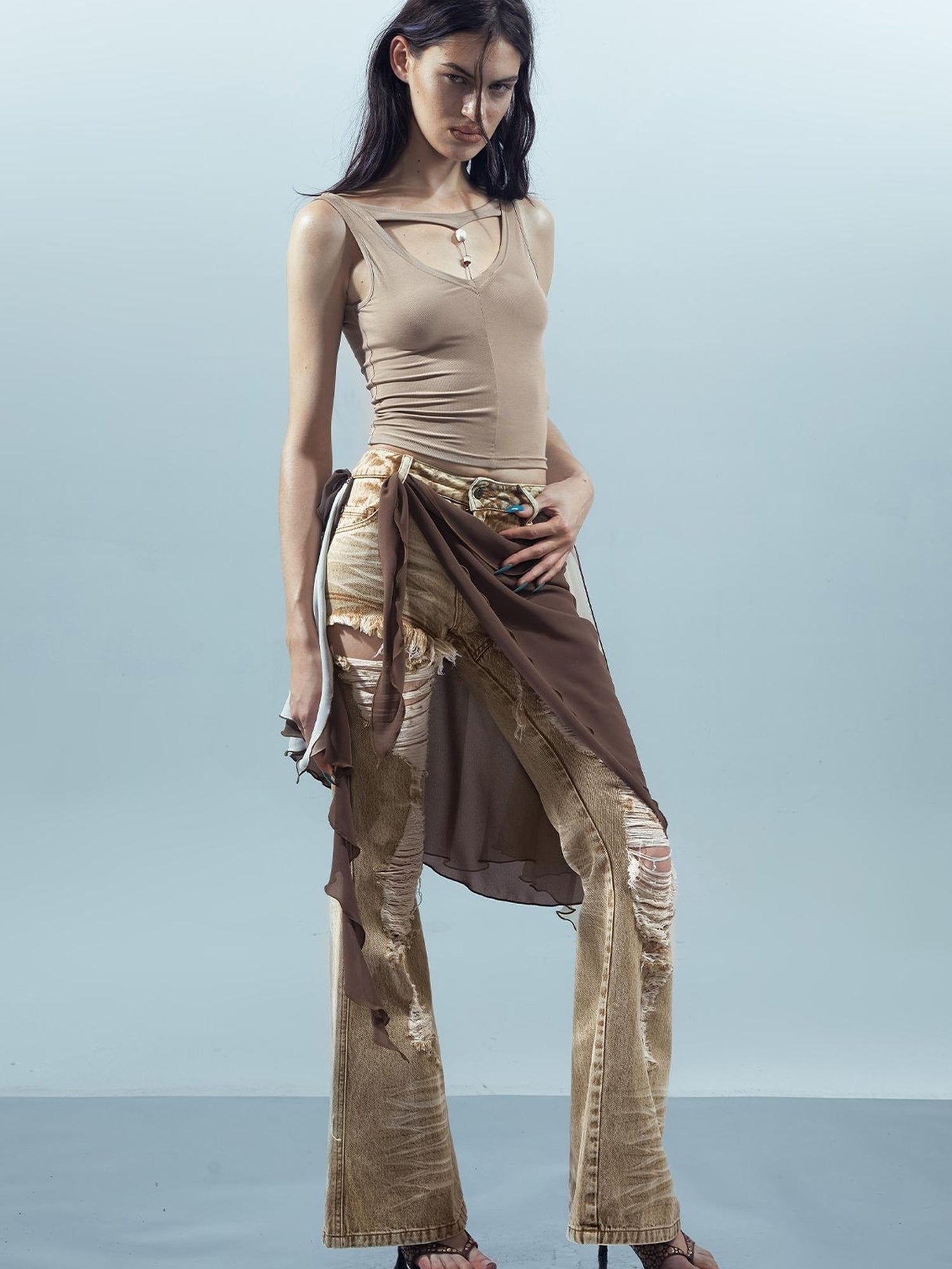 UpdateNN NORTH NODE Distressed Denim Flared Pants With Detachable Apron
