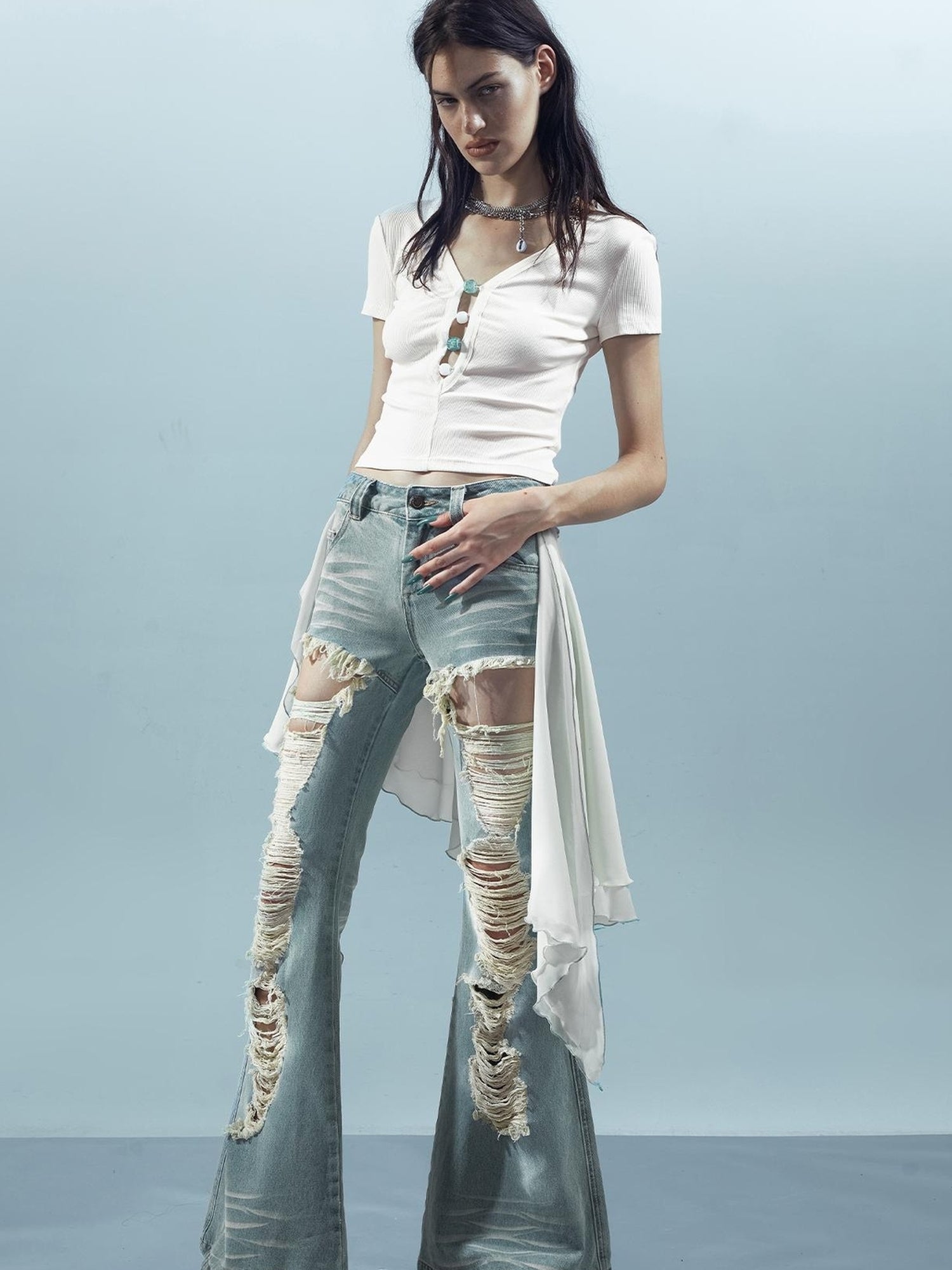 UpdateNN NORTH NODE Distressed Denim Flared Pants With Detachable Apron